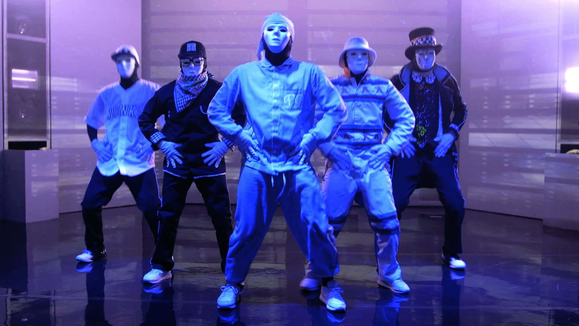 Jabbawockeez, blue outfits, purple stage lights, Full HD Desktop Wallpaper