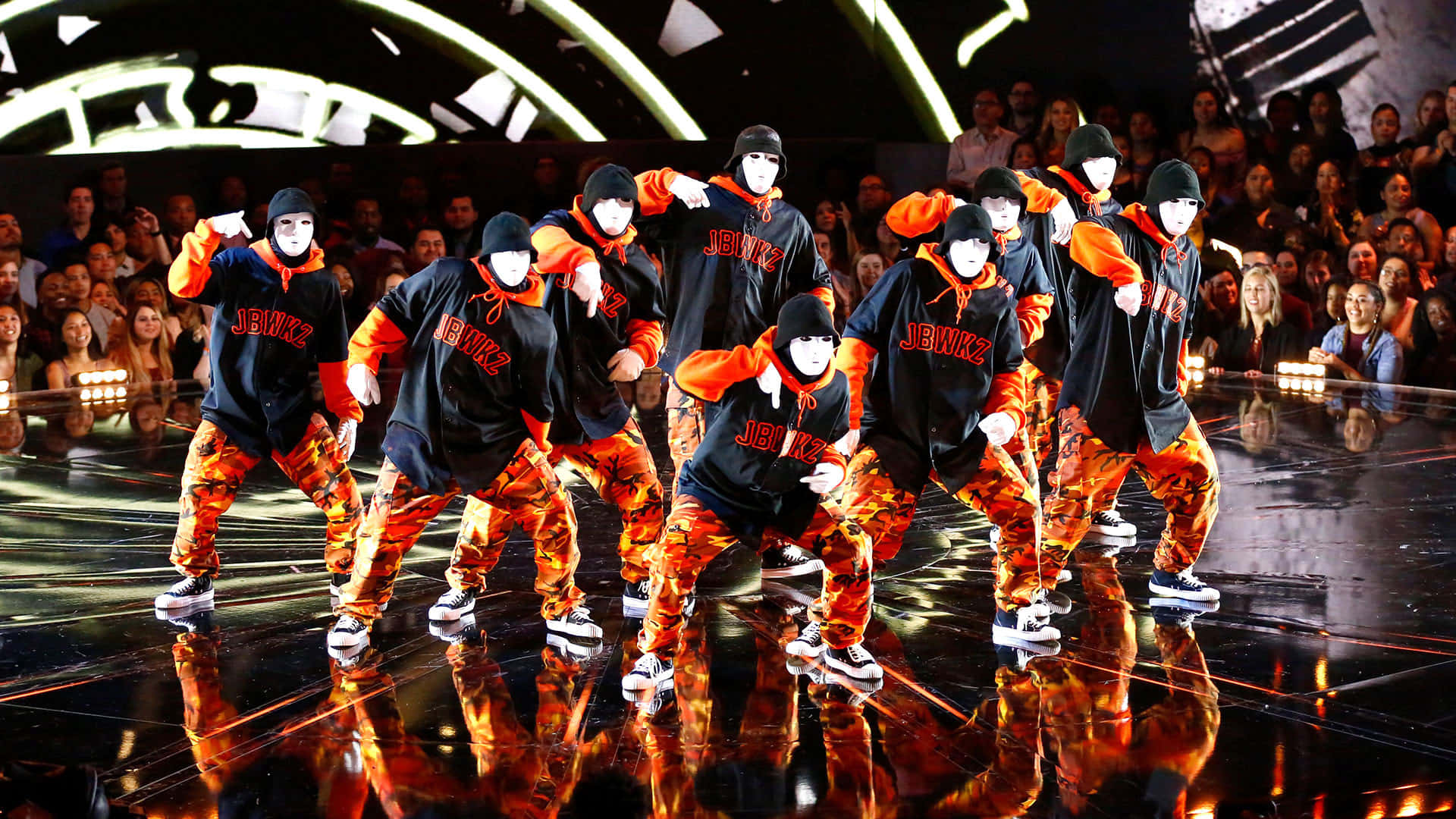 Jabbawockeez, black and orange camouflage outfits, white masks, Full HD Desktop Wallpaper