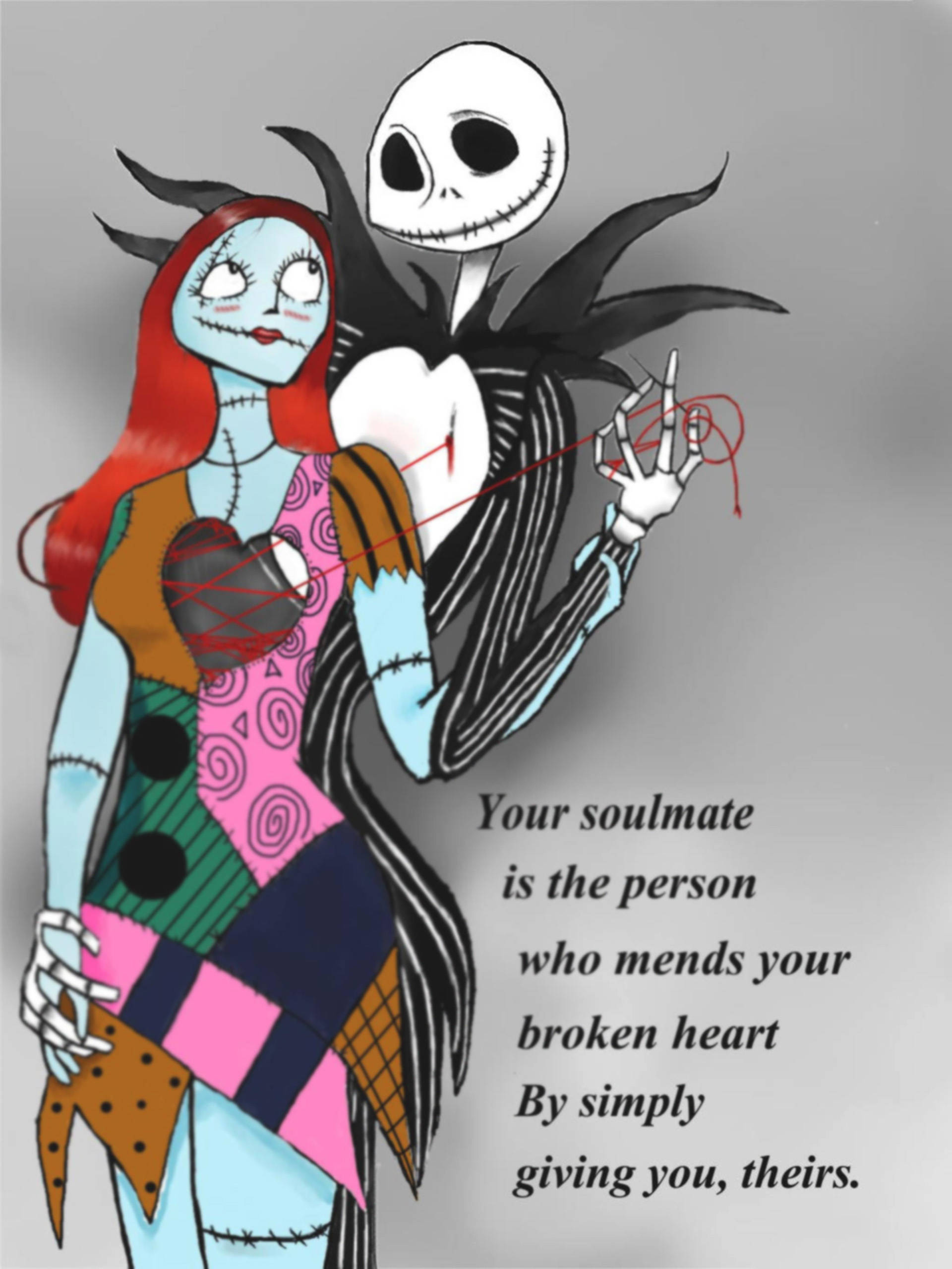 Jack And Sally, patchwork attire, broken heart, Full HD Phone Wallpaper