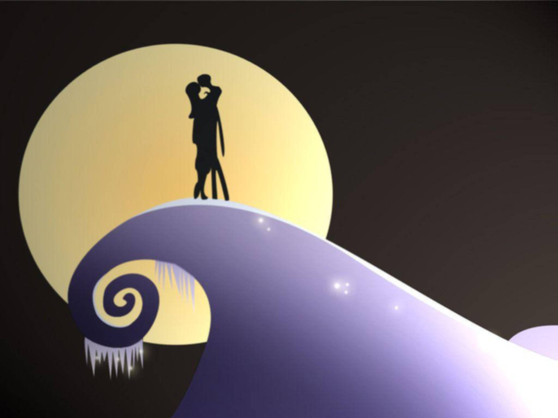 Jack And Sally, purple spiral hill, glowing yellow moon, Full HD Desktop Wallpaper