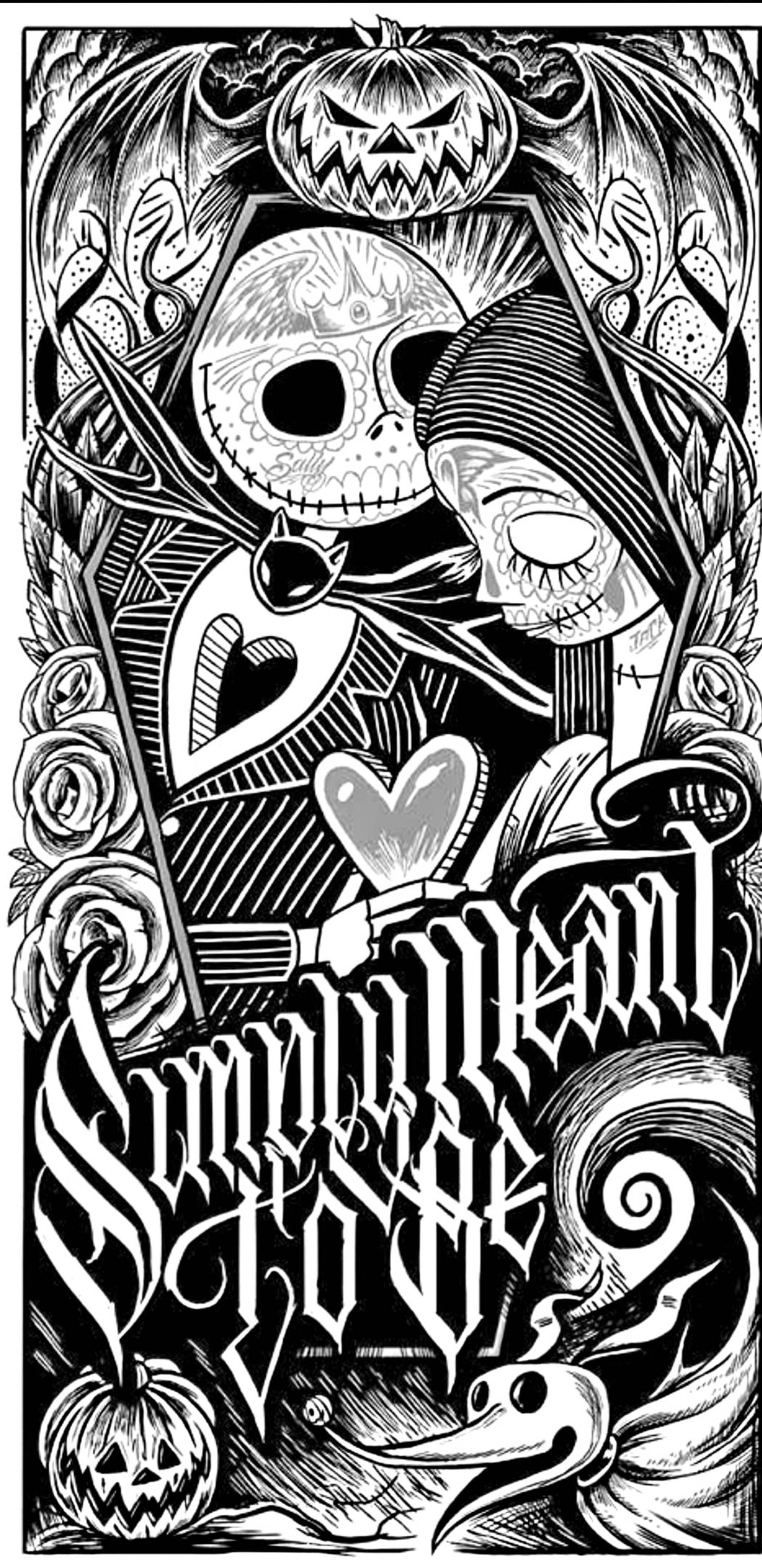 Jack And Sally, skeletal faces, heart, 4K Phone Wallpaper