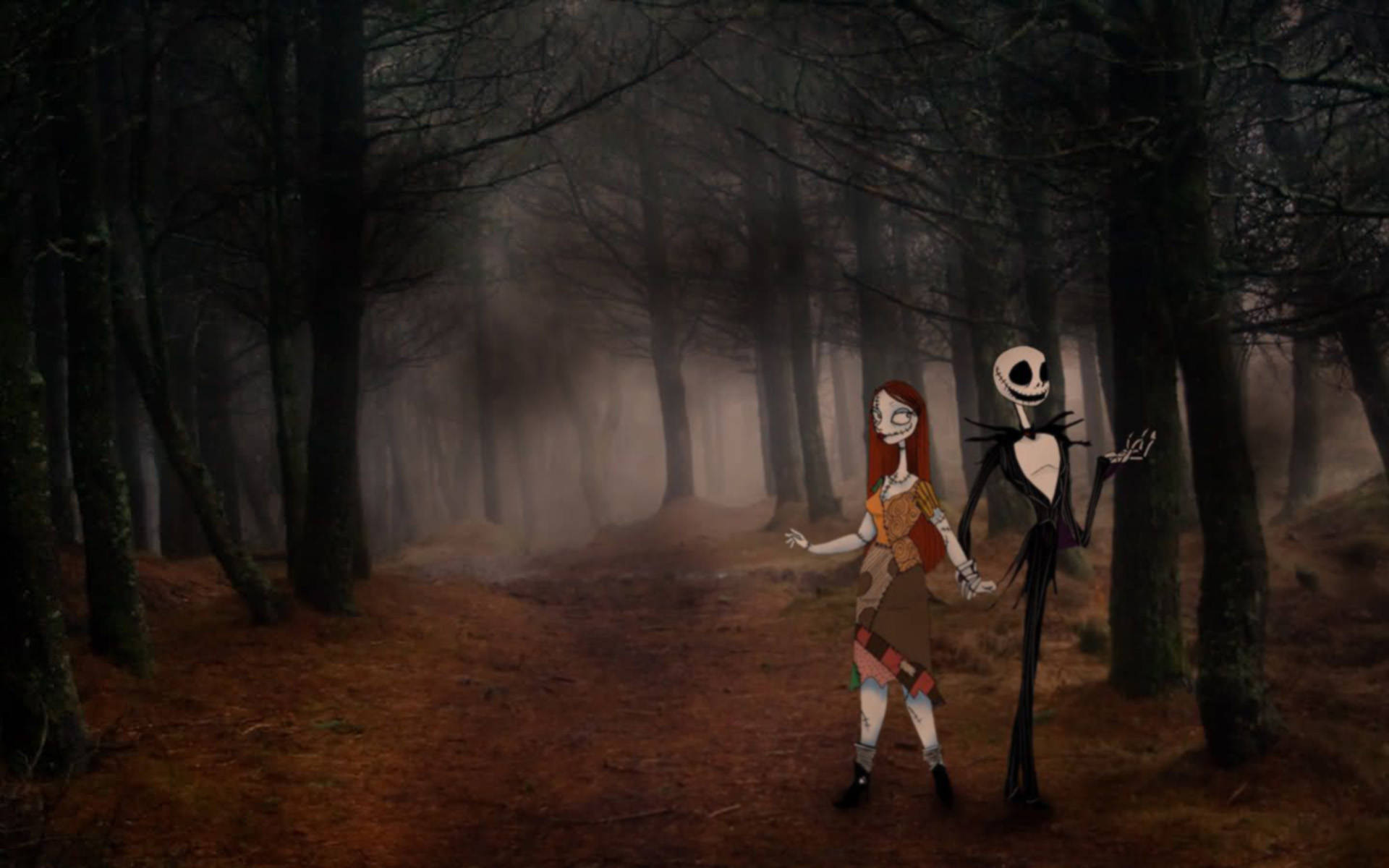 Jack And Sally, dark forest, misty, Full HD Desktop Wallpaper