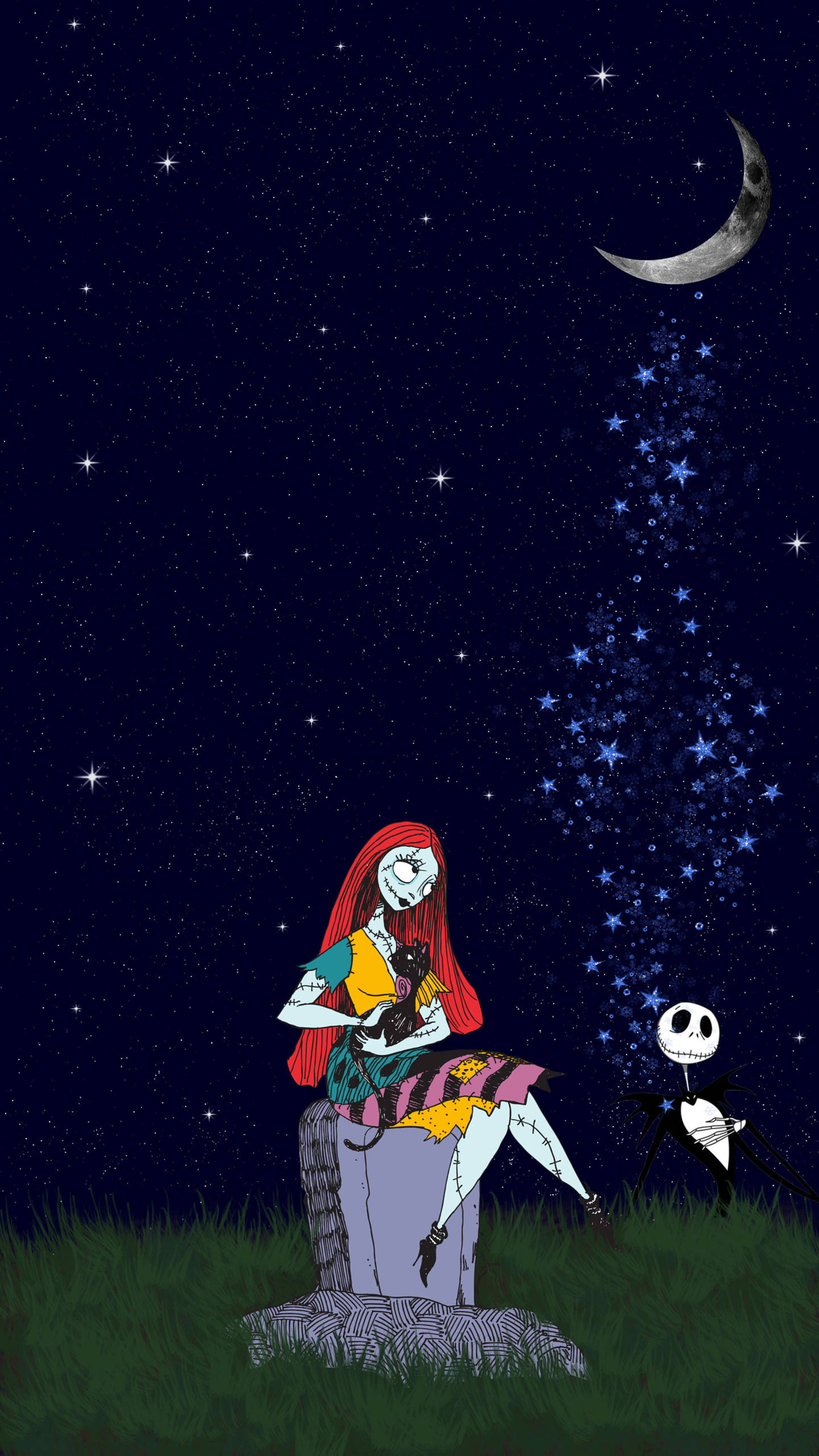 Jack And Sally, starry night, crescent moon, 2K Phone Wallpaper