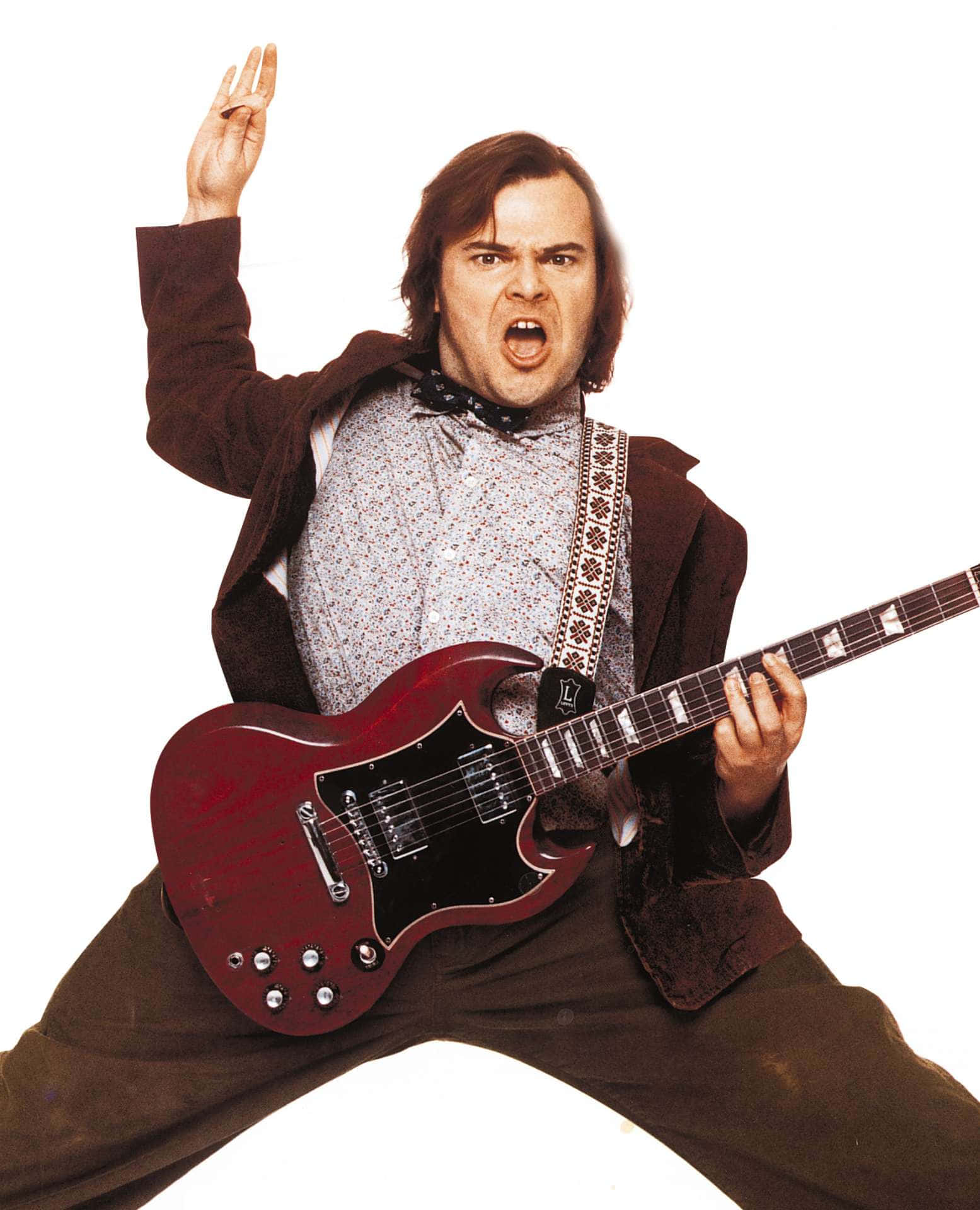 Jack Black, red electric guitar, wild hair, Full HD Phone Wallpaper
