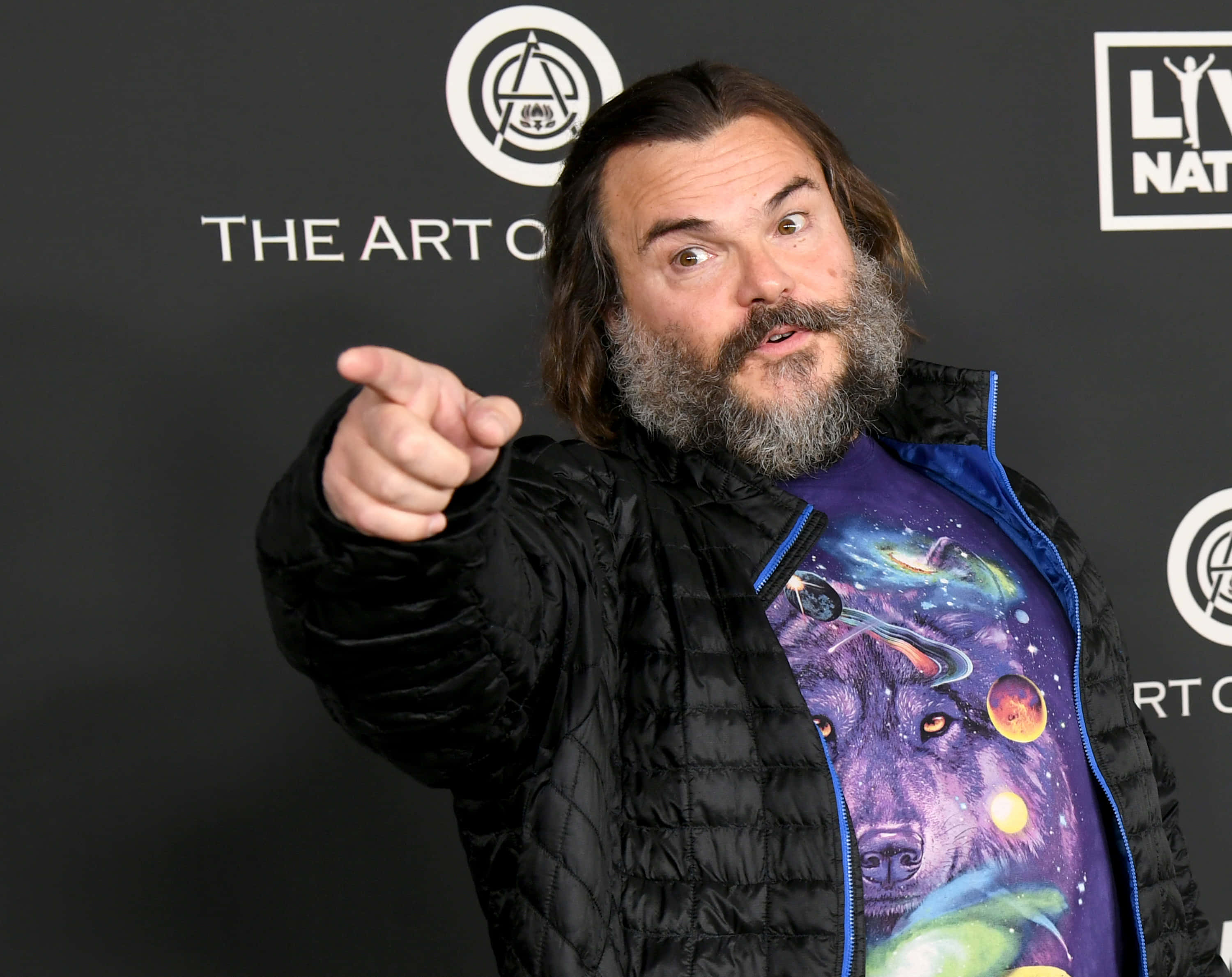 Jack Black, cosmic wolf graphic tee, black jacket, 2K Desktop Wallpaper