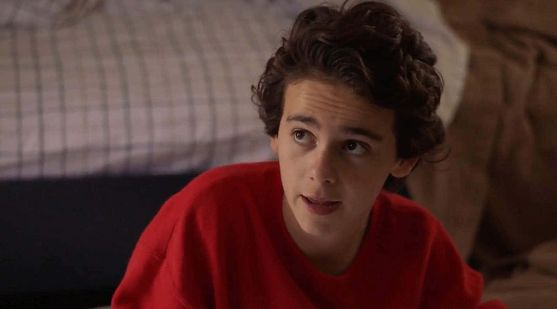 Jack Dylan Grazer, red sweater, dimly lit bedroom, HD Desktop Wallpaper
