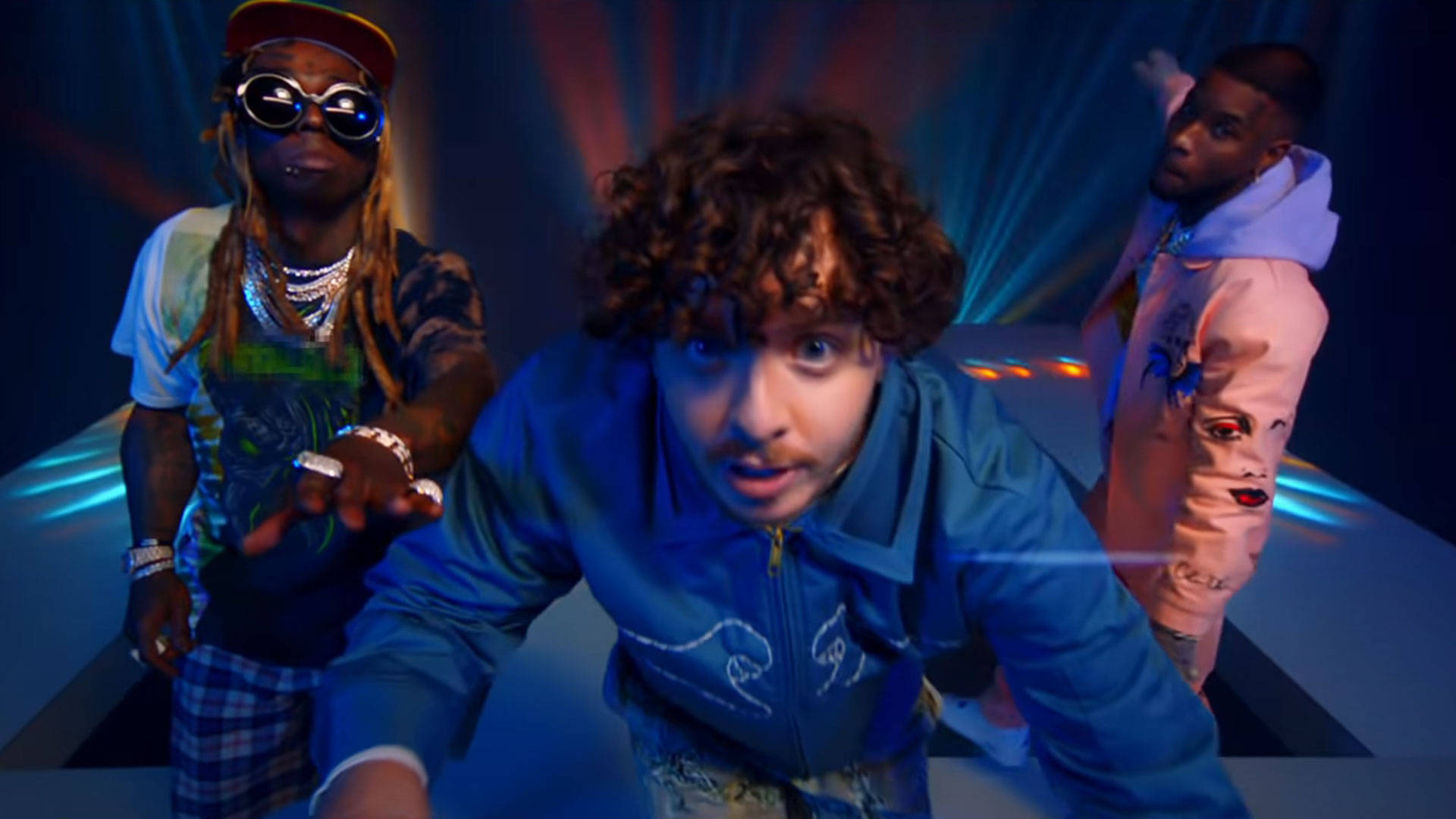 Jack Harlow, vibrant blue stage lights, futuristic club setting, Full HD Desktop Wallpaper