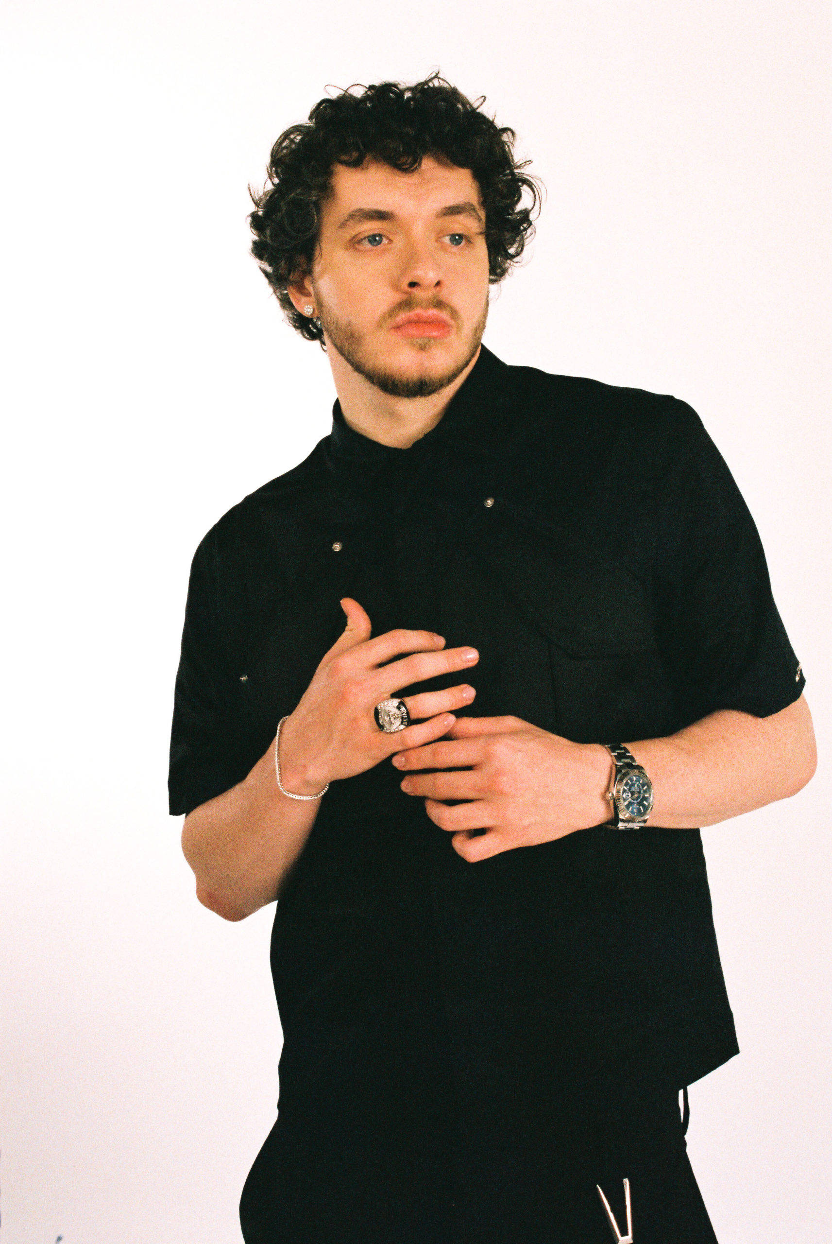 Jack Harlow, black shirt, plain white background, 2K Phone Wallpaper