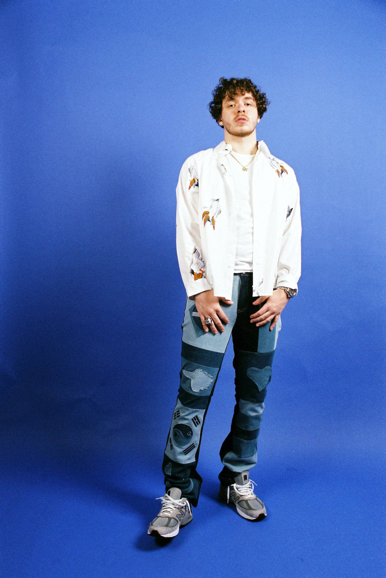 Jack Harlow, white embroidered jacket, patchwork jeans, Full HD Phone Wallpaper