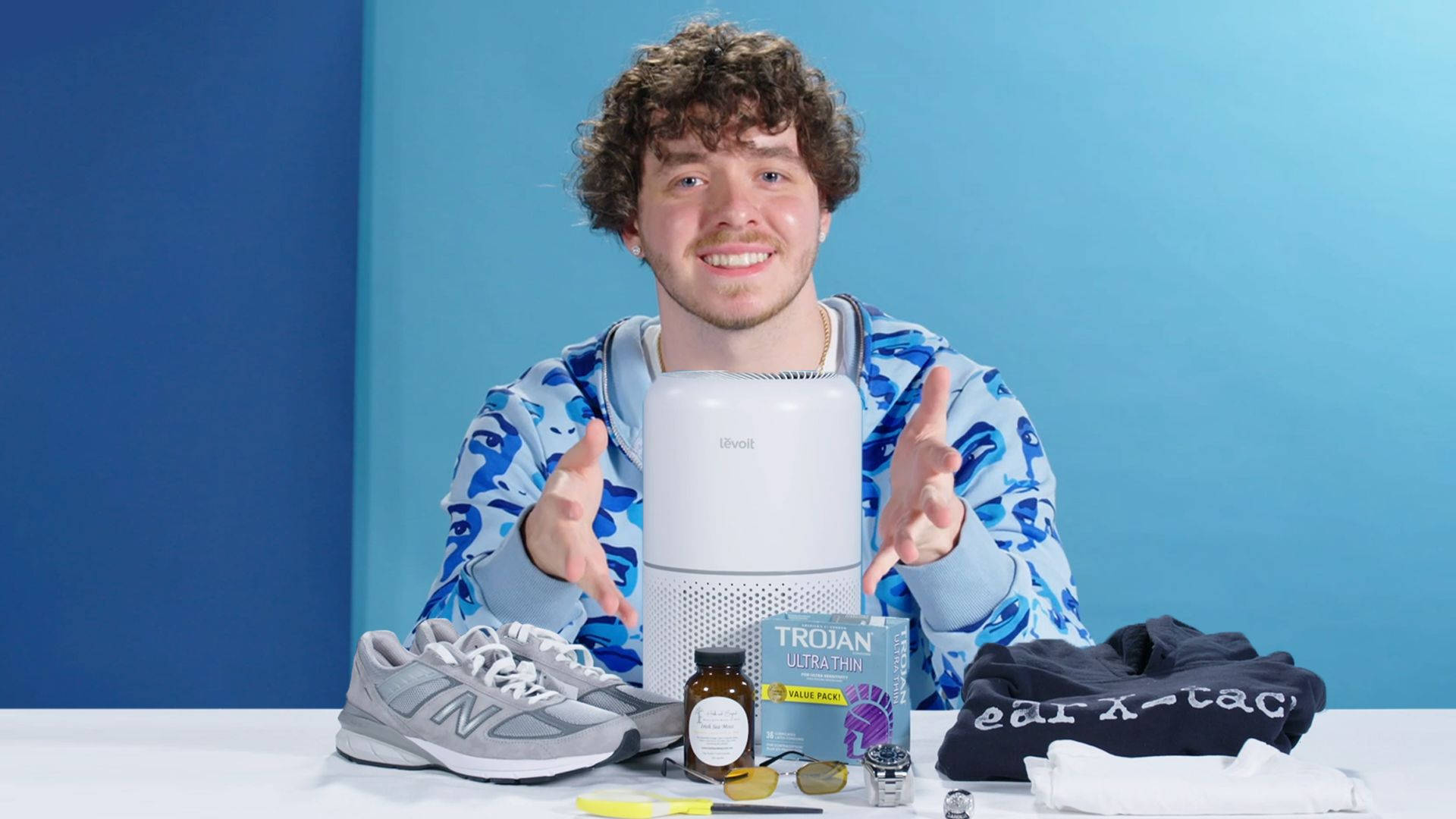 Jack Harlow, blue patterned hoodie, white air purifier, Full HD Desktop Wallpaper