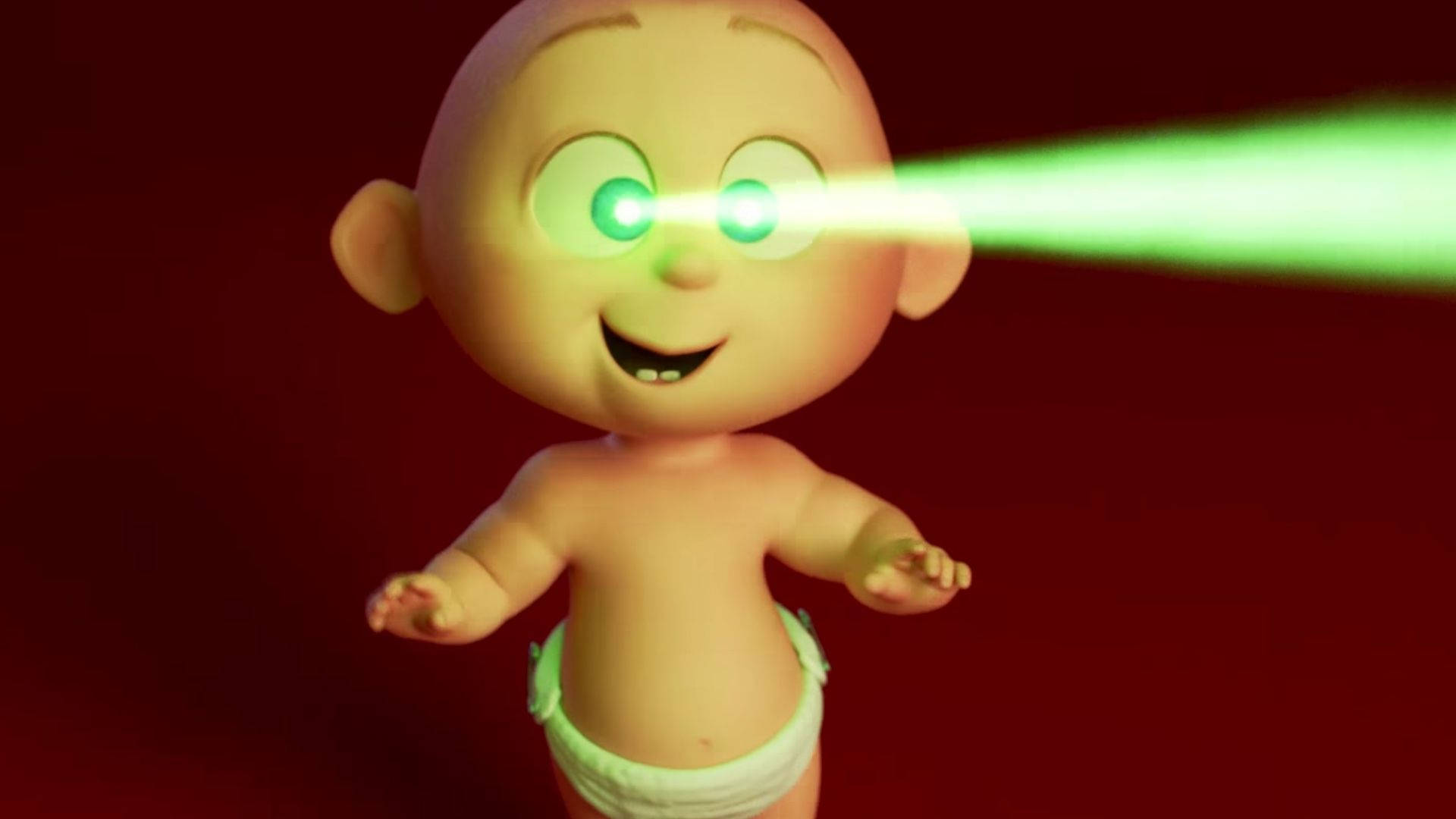 Jack Jack, green laser eyes, deep red background, Full HD Desktop Wallpaper