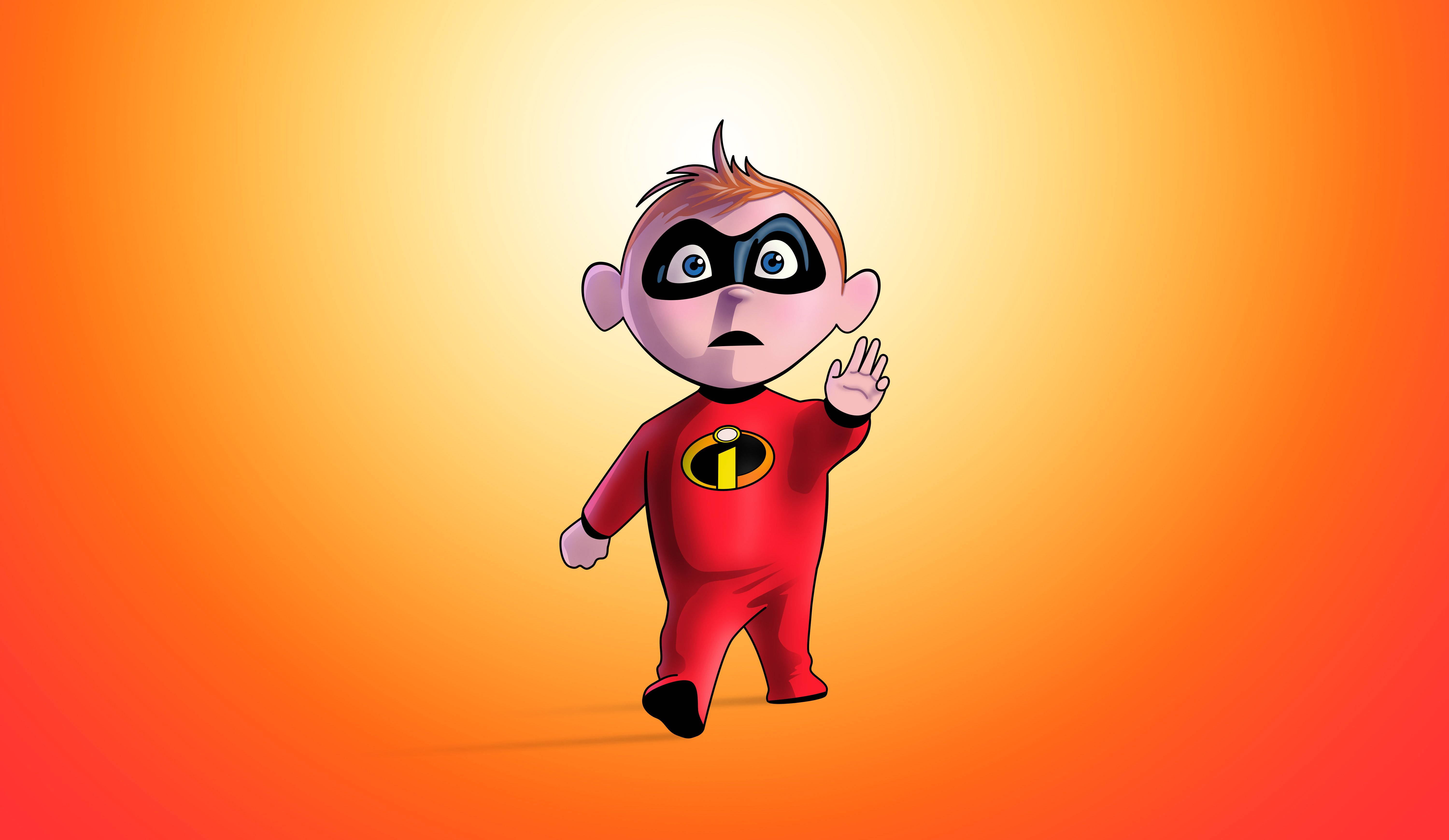 Jack Jack, red superhero suit, warm orange gradient background, 5K Desktop Wallpaper