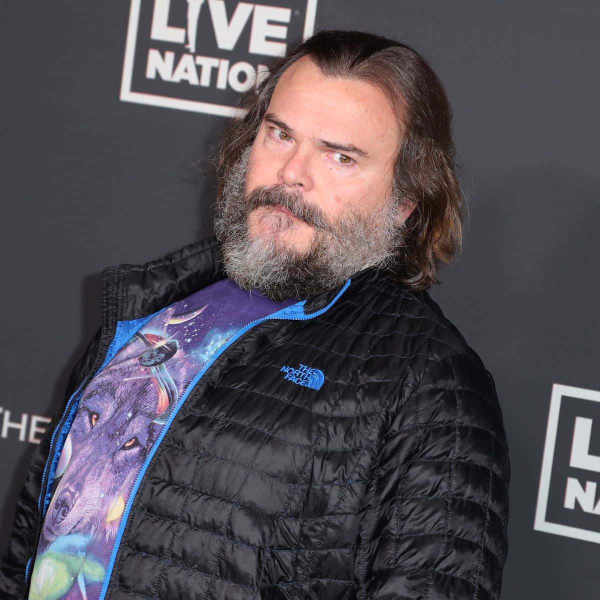 Jack Black, black puffer jacket, colorful wolf print zipper, SD Desktop Wallpaper