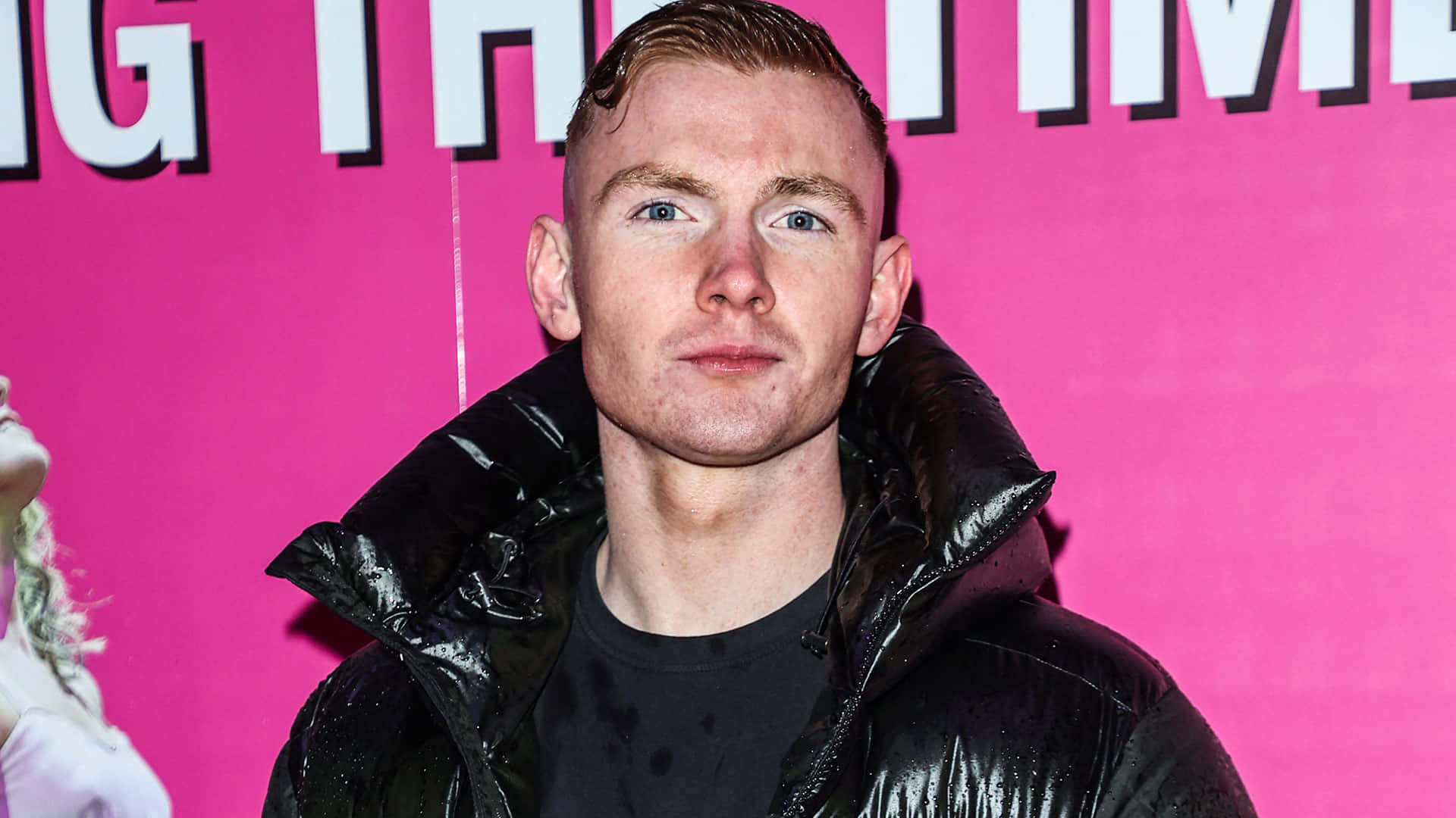 Jack Keating, shiny black puffer jacket, bright pink background, Full HD Desktop Wallpaper