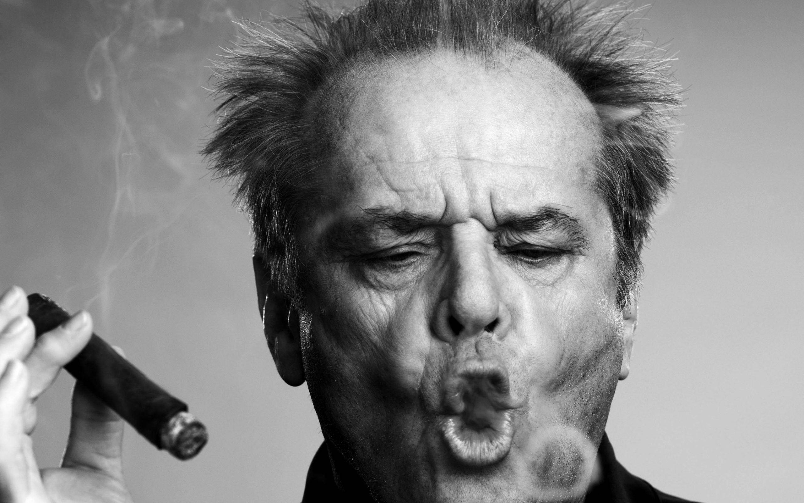 Jack Nicholson, cigar, black and white, 2K Desktop Wallpaper
