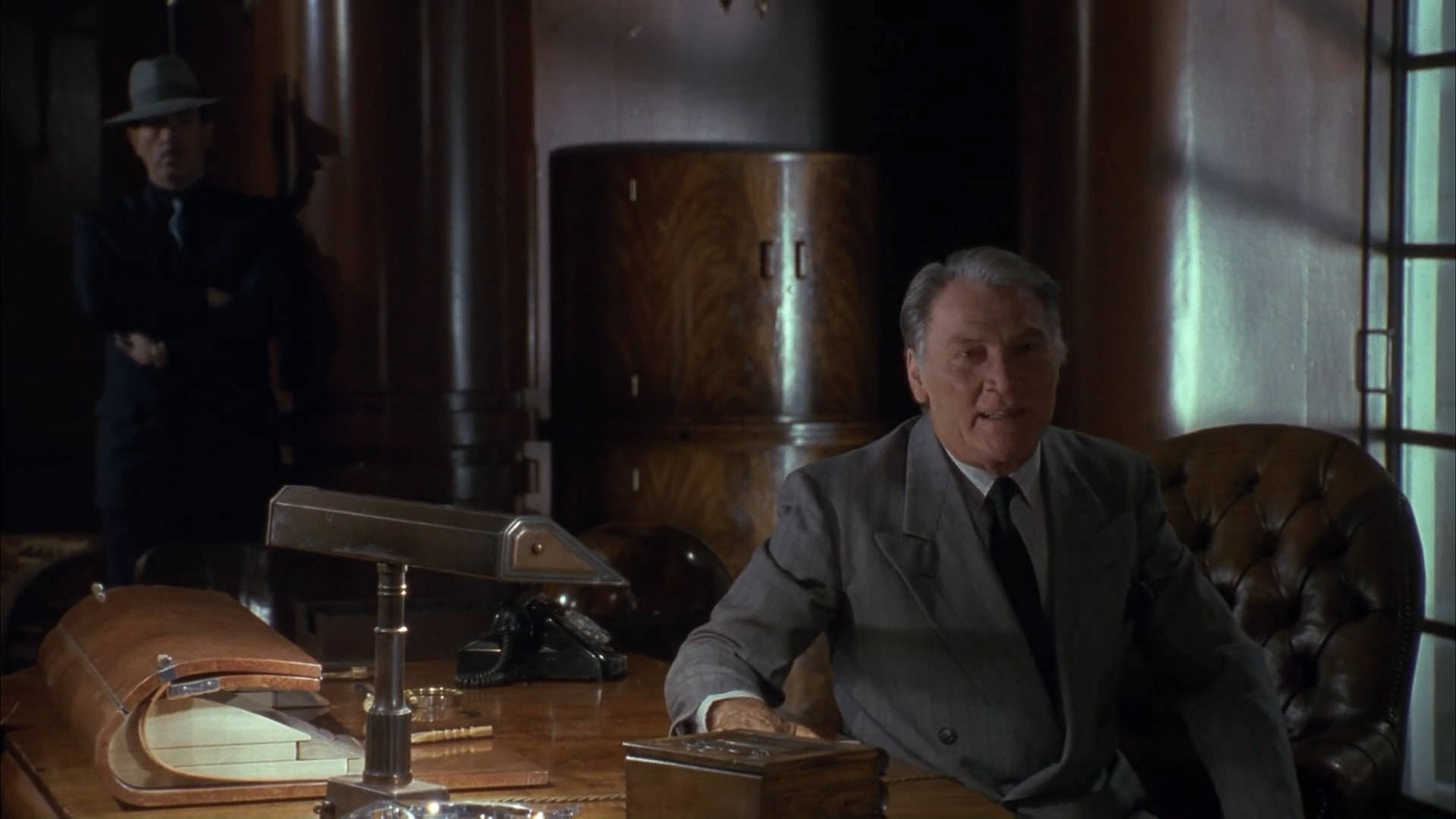 Jack Palance, gray suit, wooden desk, Full HD Desktop Wallpaper