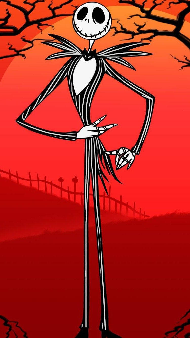 Jack Skellington, fiery red sunset, bare twisted trees, HD Phone Wallpaper