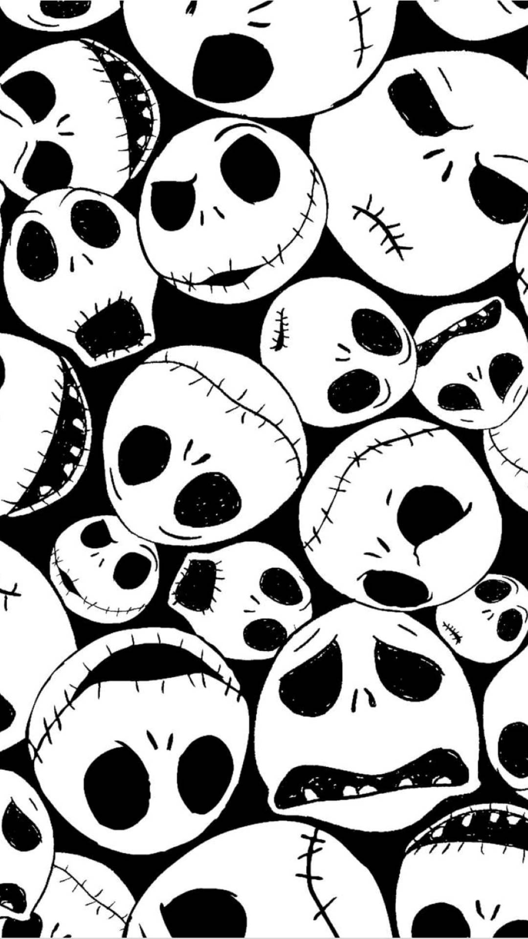 Jack Skellington, black and white pattern, stitched cartoon skulls, Full HD Phone Wallpaper