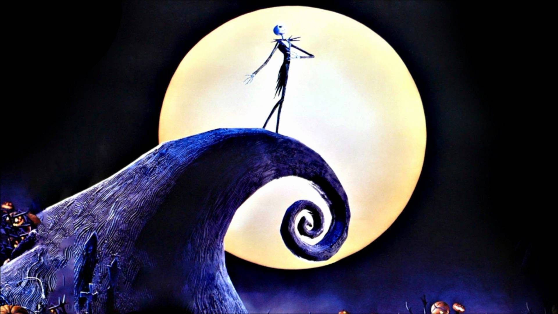 Jack Skellington, blue hill, giant glowing moon, Full HD Desktop Wallpaper