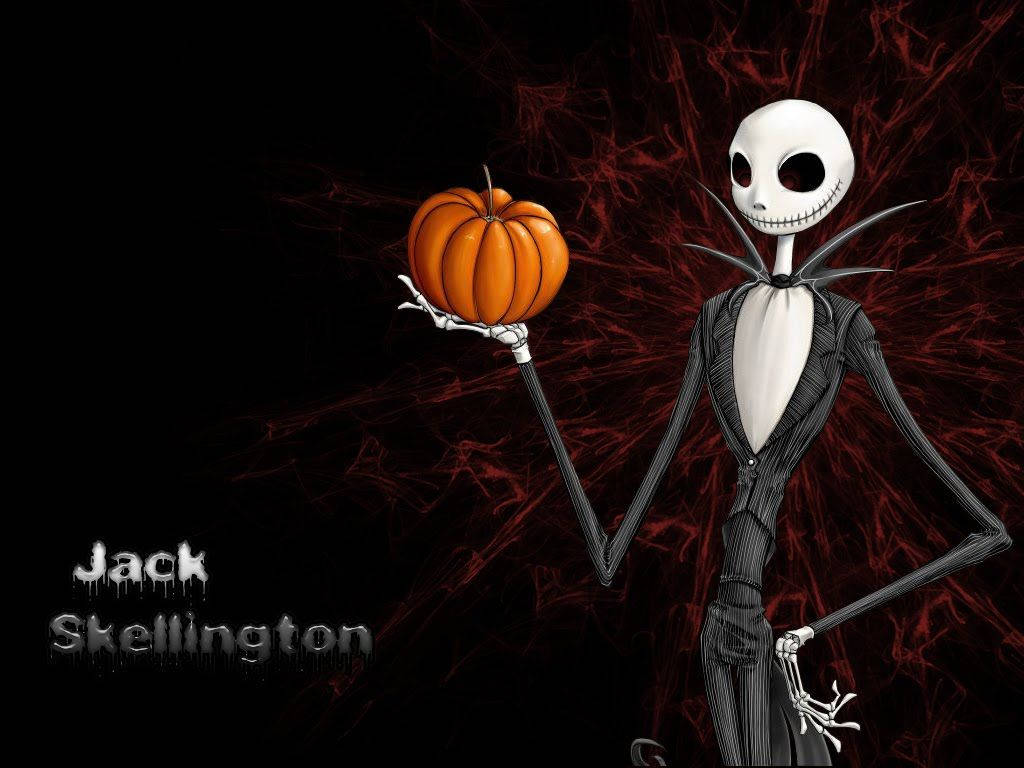 Jack Skellington, orange pumpkin, dark red webbed background, SD Desktop Wallpaper