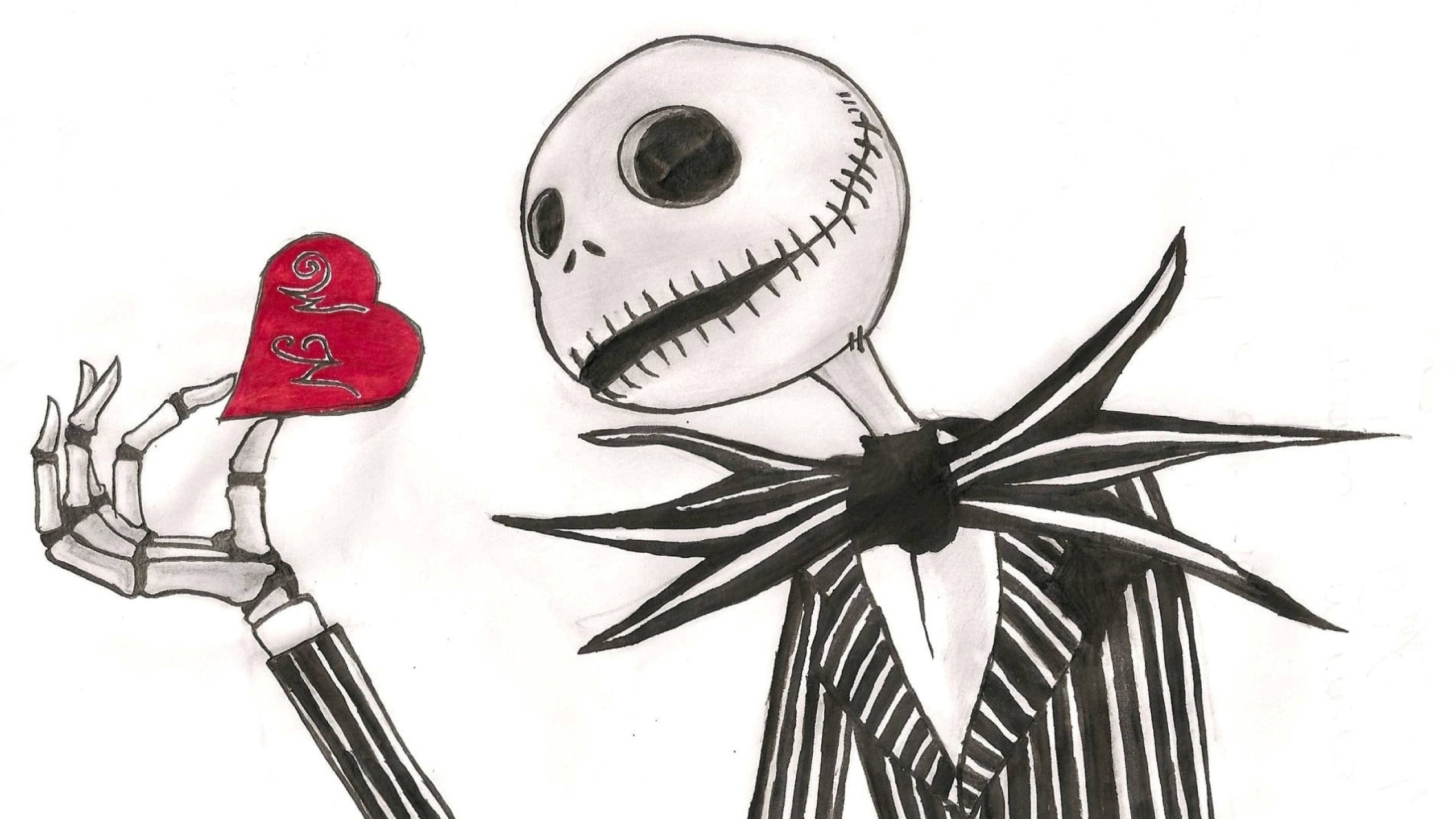 Jack Skellington, red heart, swirls, 2K Desktop Wallpaper
