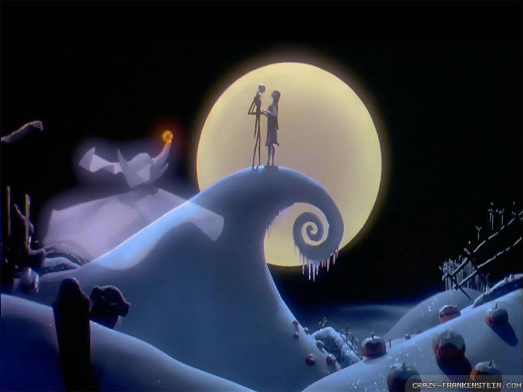 Jack Skellington, his girlfriend, giant glowing moon, SD Desktop Wallpaper