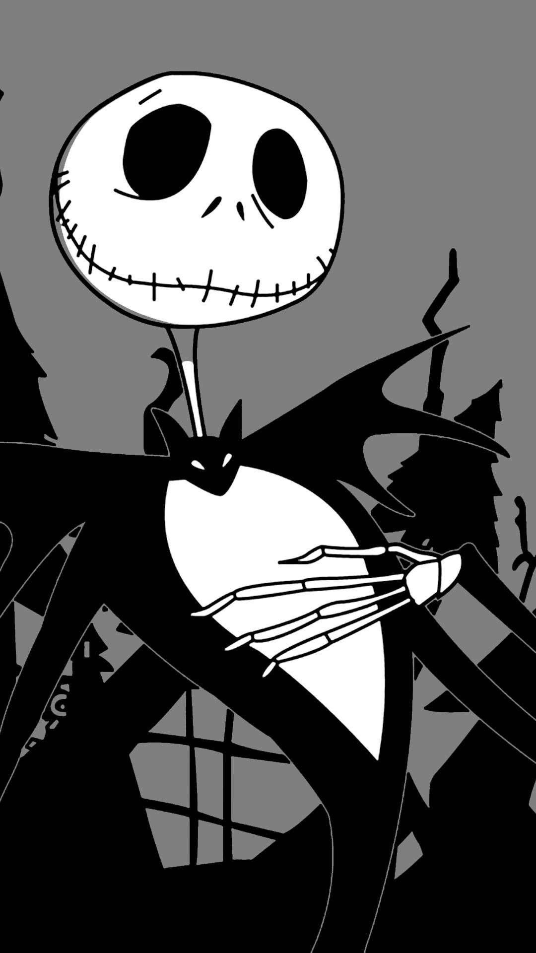 Jack Skellington, black and white illustration, bat, Full HD Phone Wallpaper