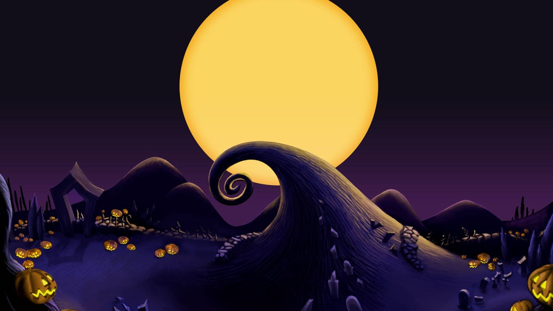 Jack Skellington, giant yellow moon, purple hills, Full HD Desktop Wallpaper