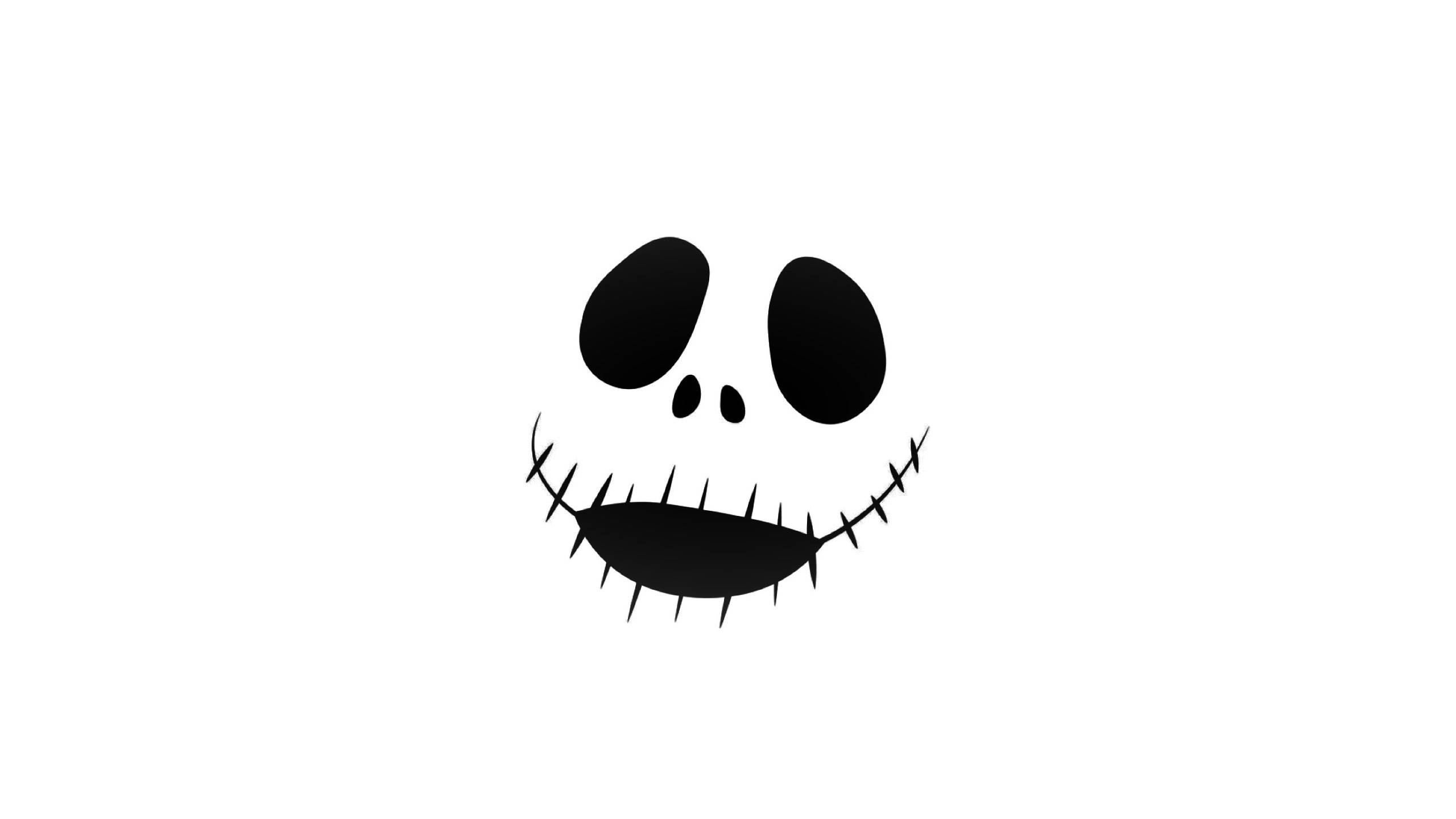 Jack Skellington, white background, black stitched smiley face, 2K Desktop Wallpaper