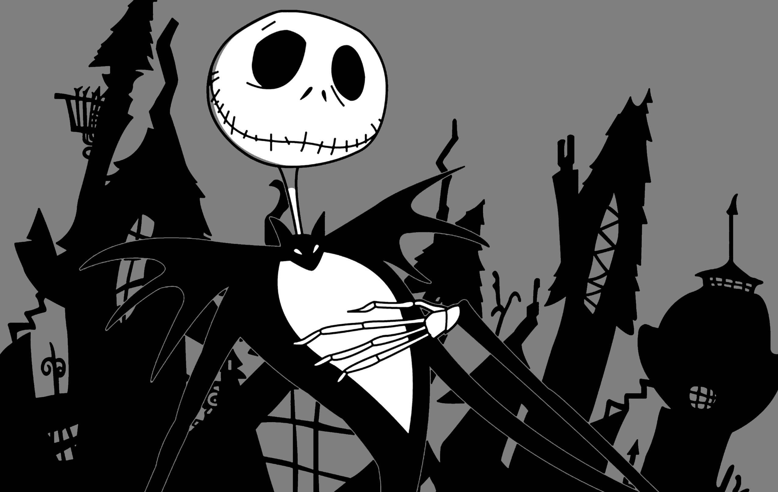 Jack Skellington, silhouette, gray backdrop, Full HD Desktop Wallpaper