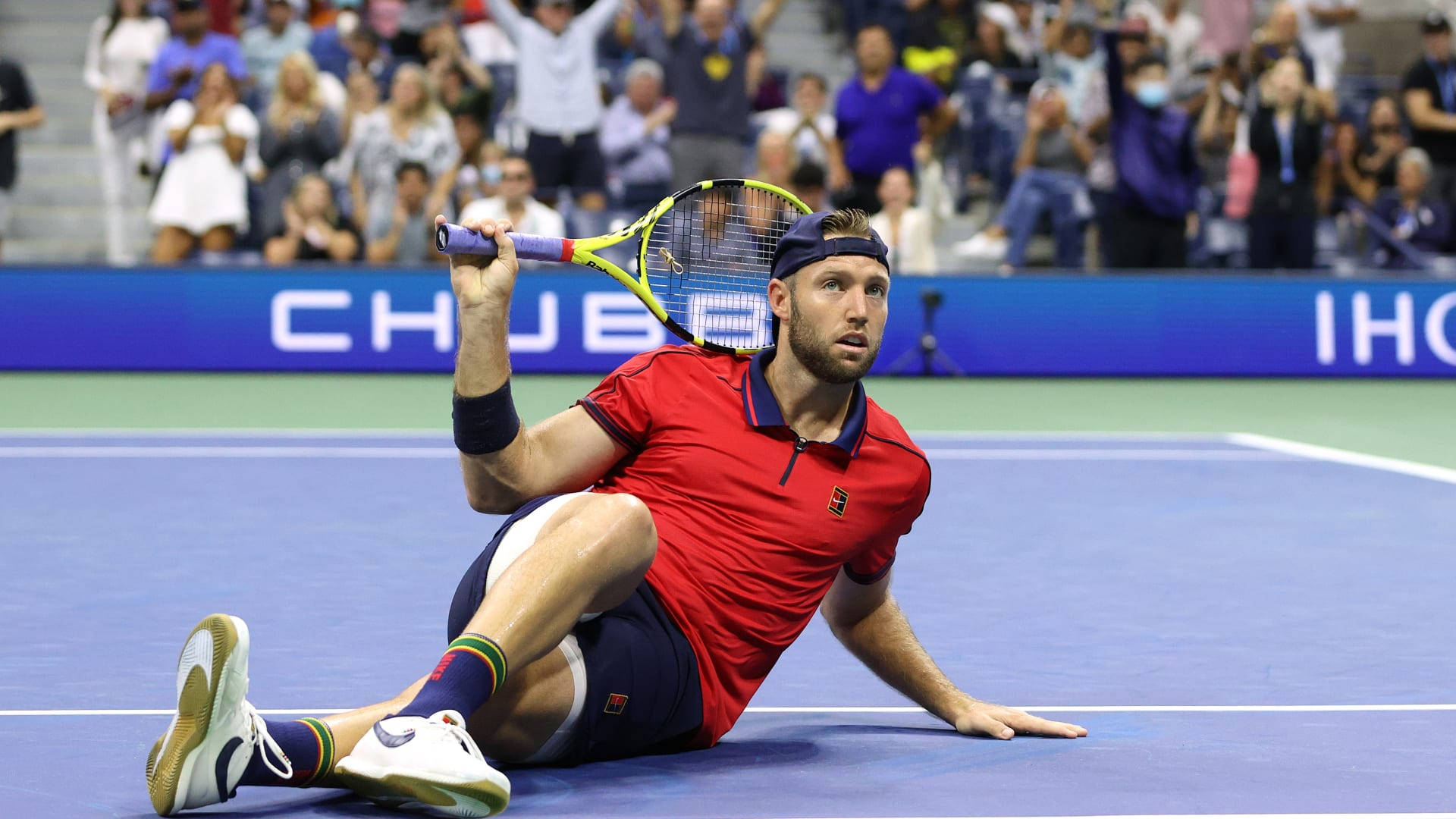 Jack Sock, tennis court, red shirt, Full HD Desktop Wallpaper