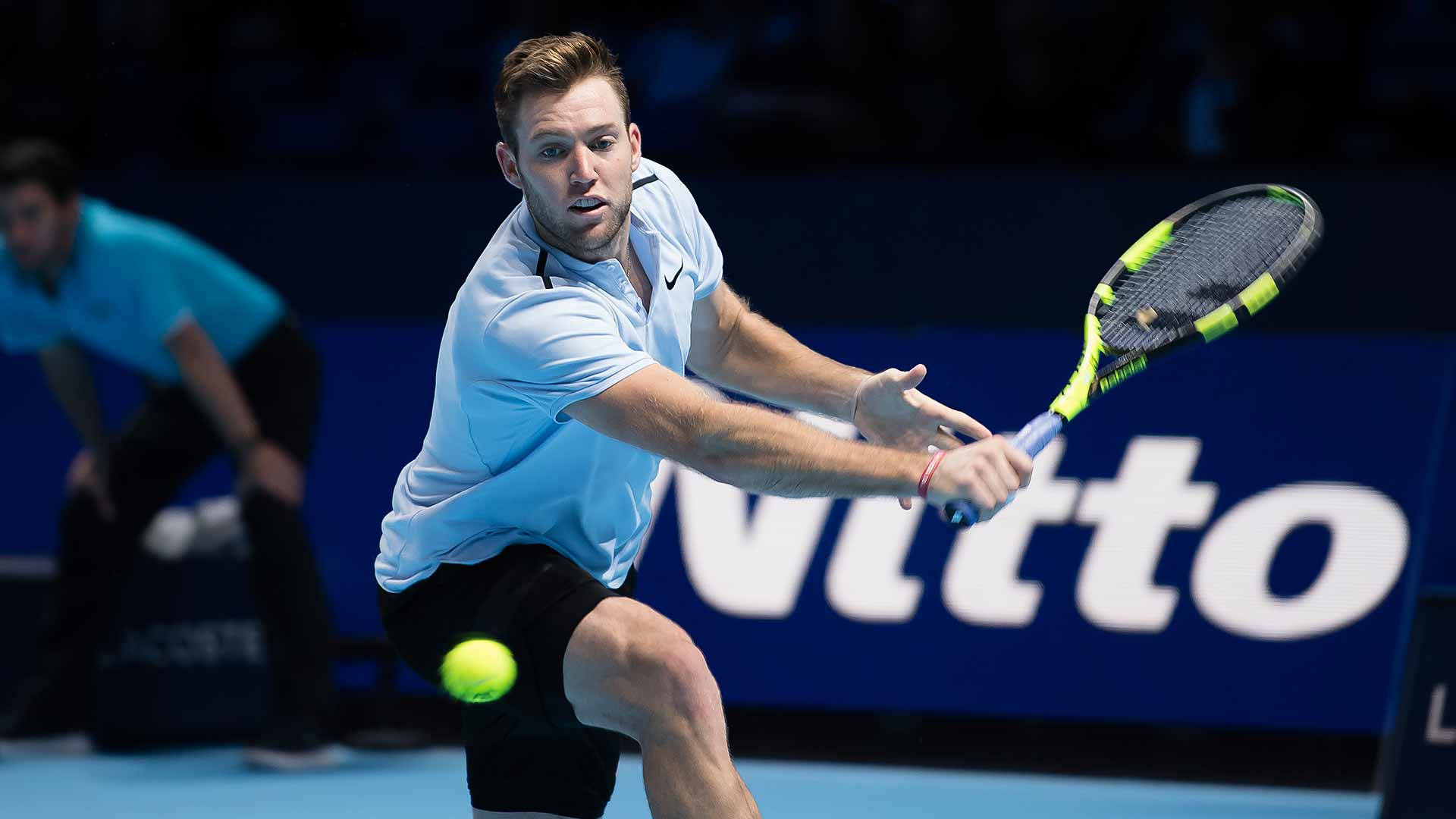 Jack Sock, neon green racket, yellow ball, Full HD Desktop Wallpaper