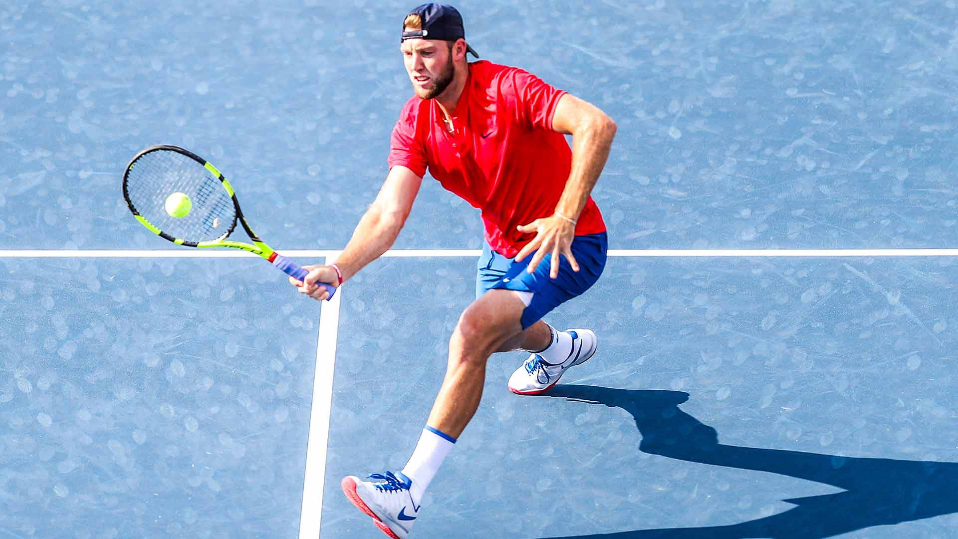 Jack Sock, red shirt, blue shorts, Full HD Desktop Wallpaper