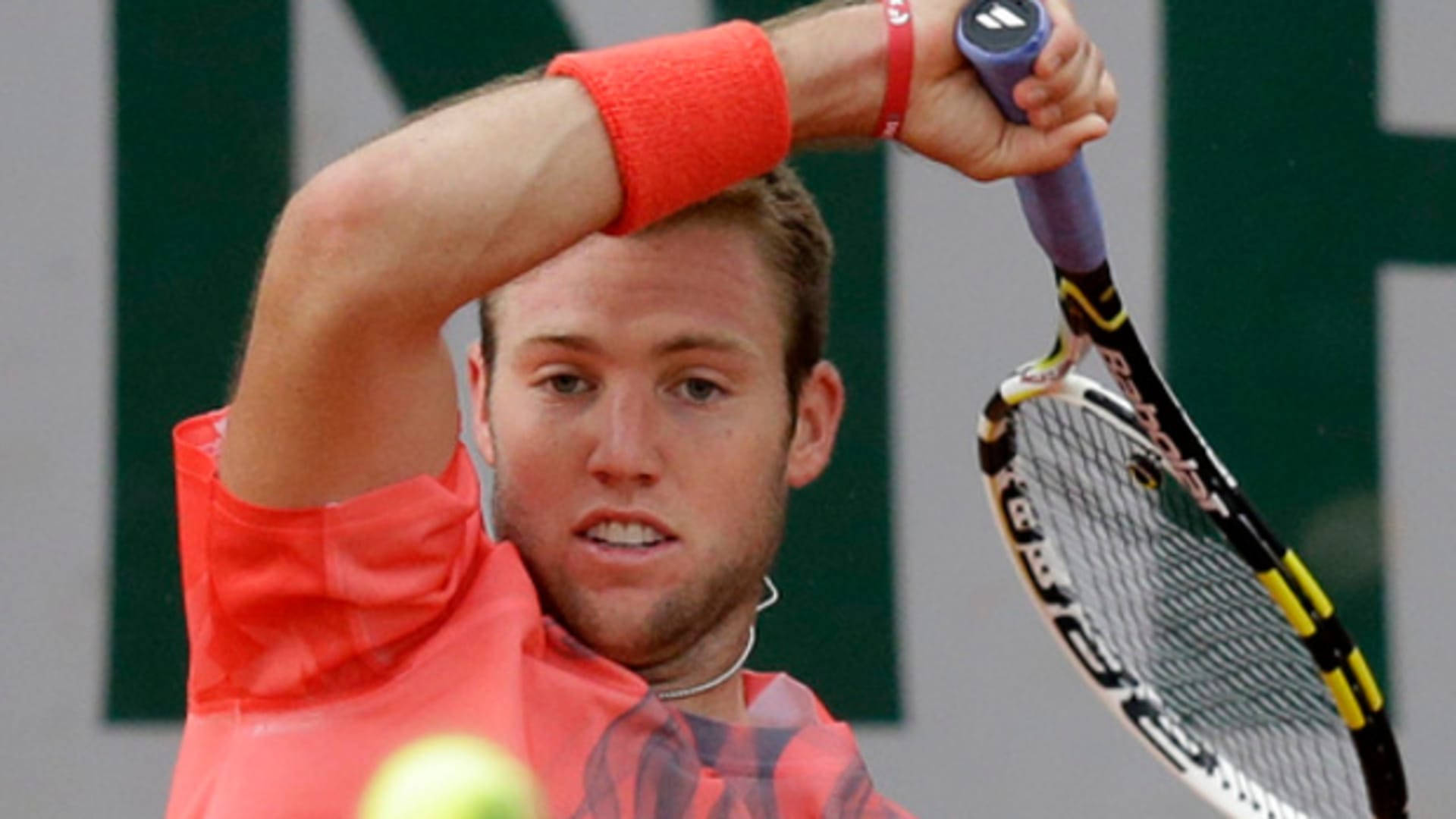 Jack Sock, orange shirt, yellow tennis ball, Full HD Desktop Wallpaper