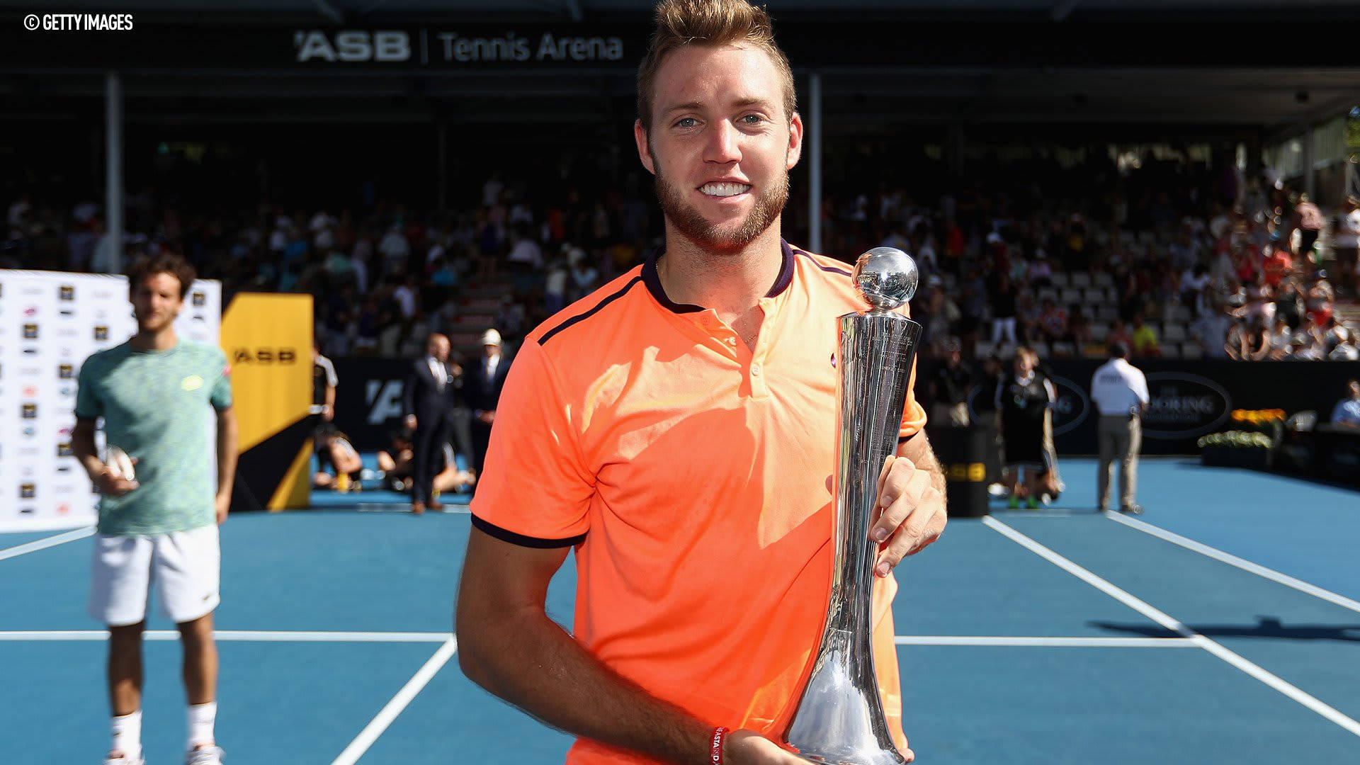 Jack Sock, silver trophy, orange shirt, Full HD Desktop Wallpaper