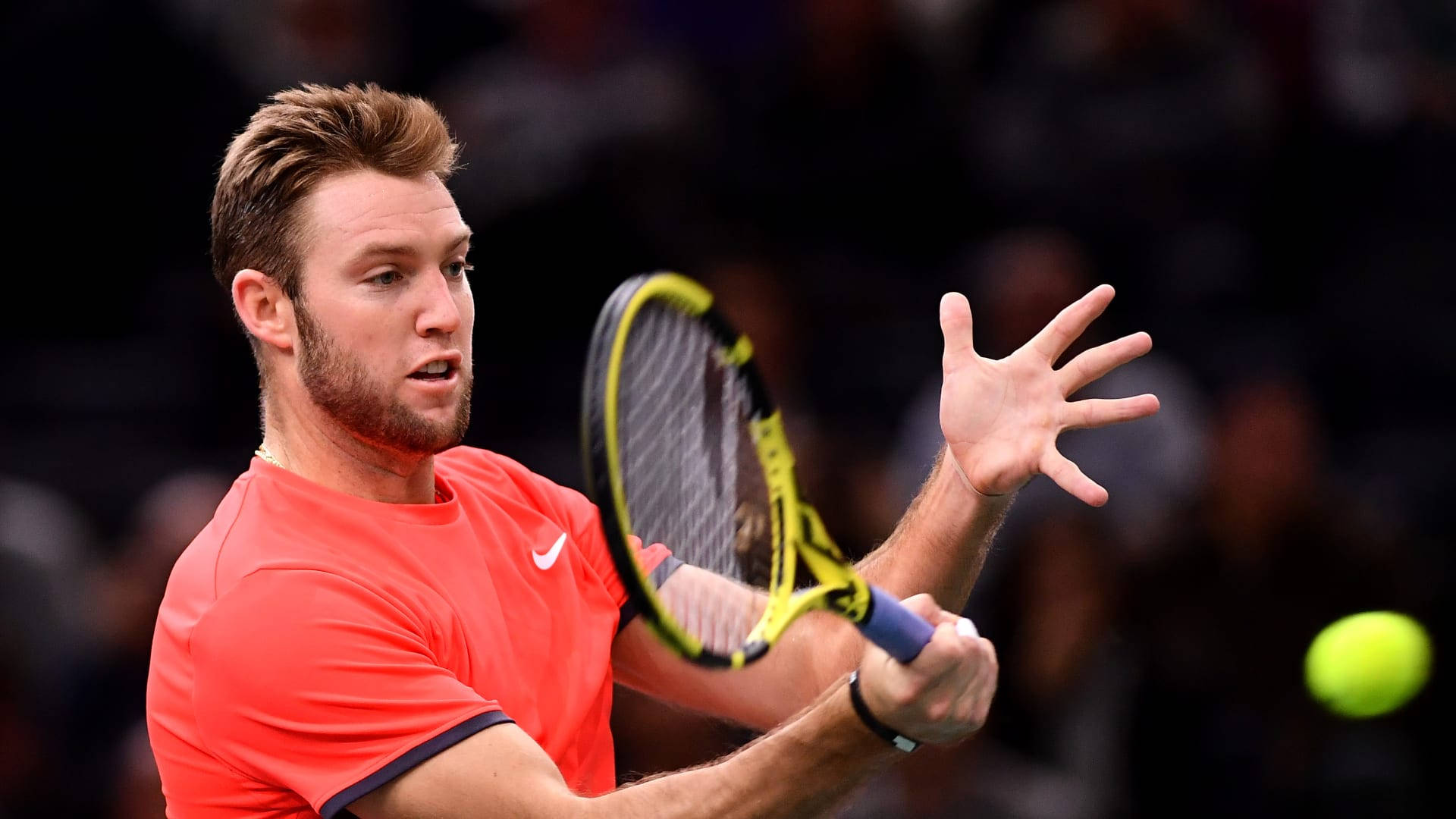 Jack Sock, red shirt, yellow racket, Full HD Desktop Wallpaper