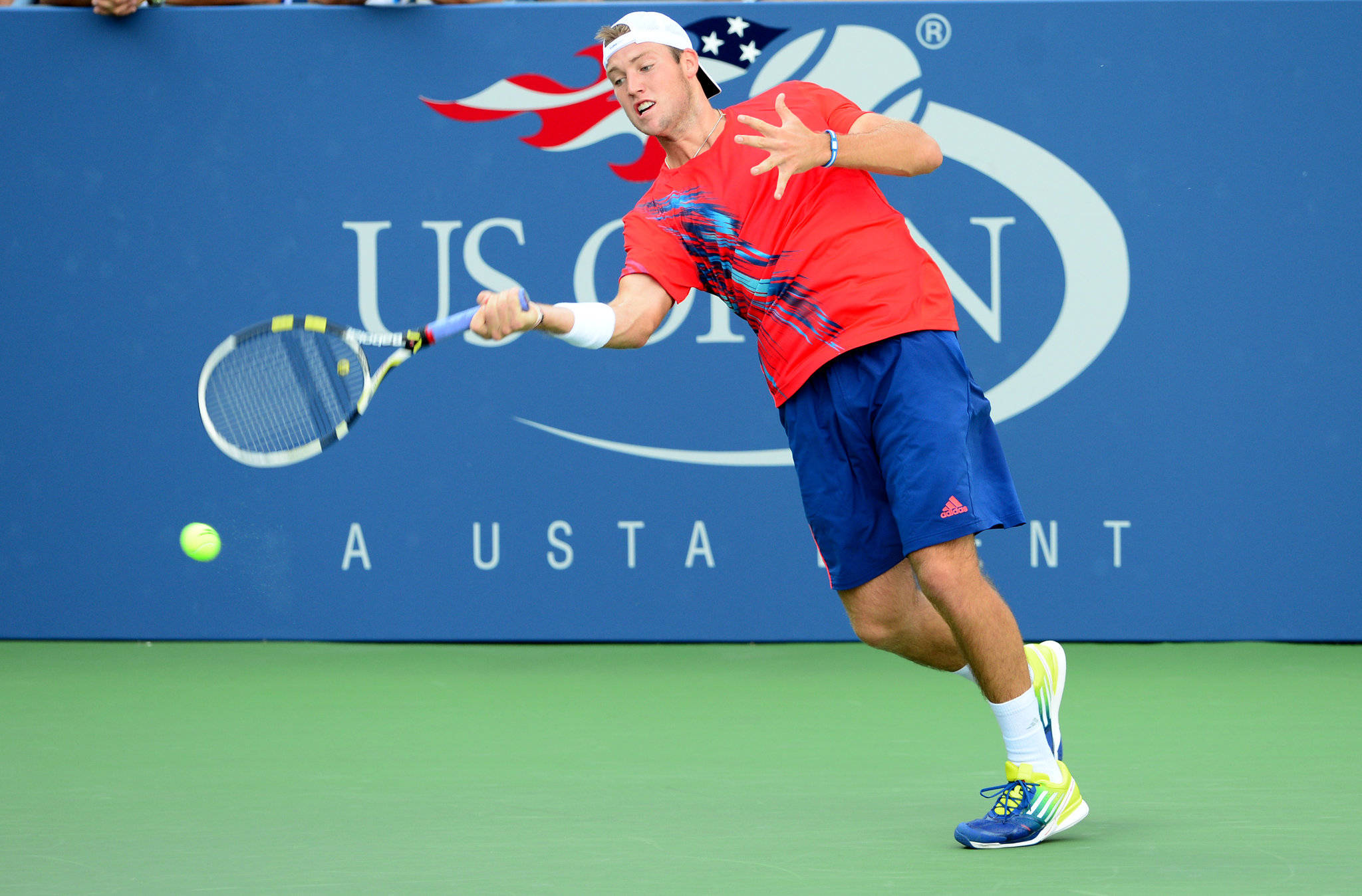Jack Sock, red shirt, blue shorts, Full HD Desktop Wallpaper