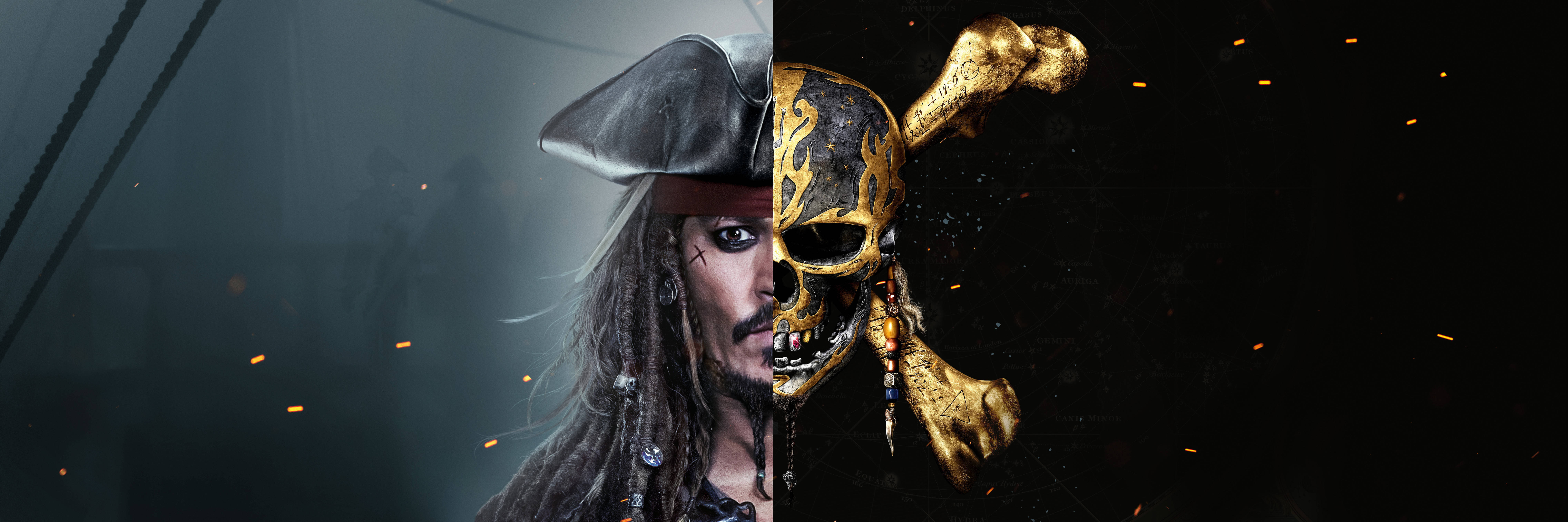 Jack Sparrow, golden skull crossbones, sparks, 8K Desktop Wallpaper
