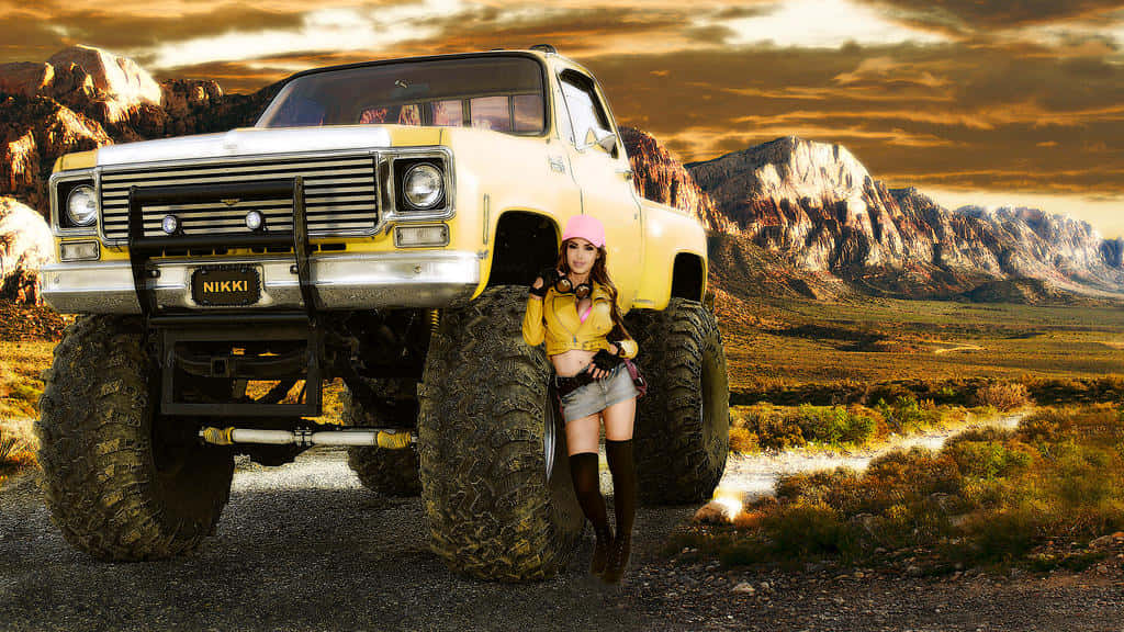 pink hat, yellow monster truck, desert canyon, SD Desktop Wallpaper