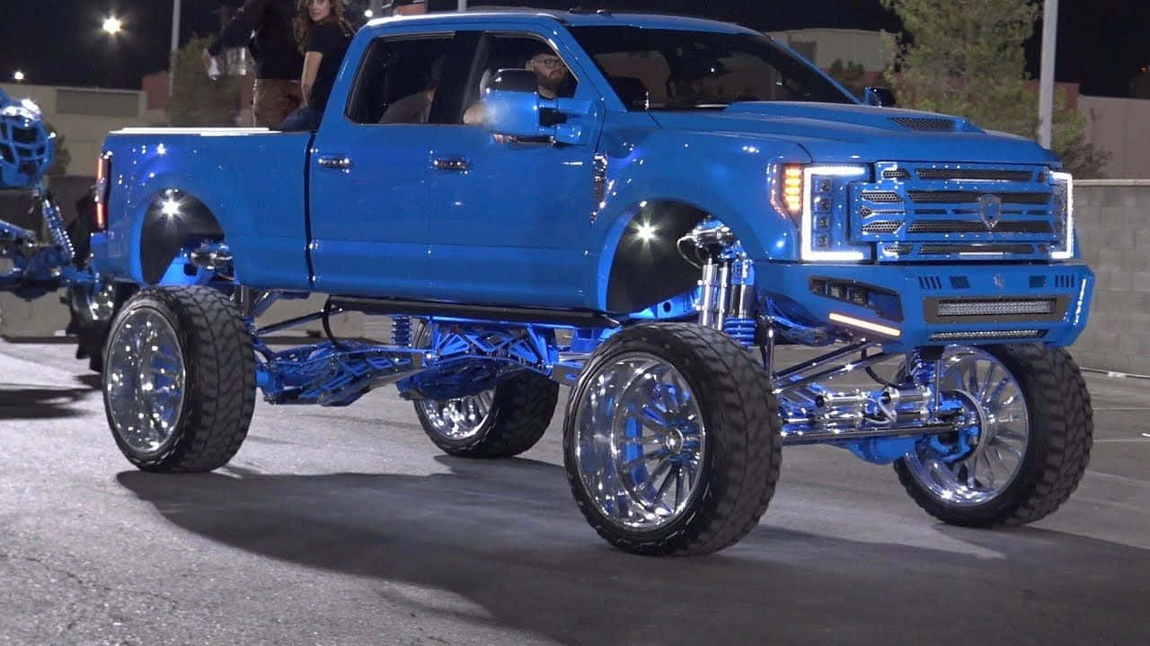 blue pickup truck, custom lifted, chrome wheels, HD Desktop Wallpaper