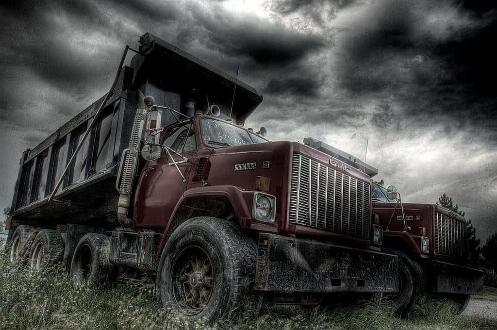 maroon dump truck, abandoned, grass, SD Desktop Wallpaper