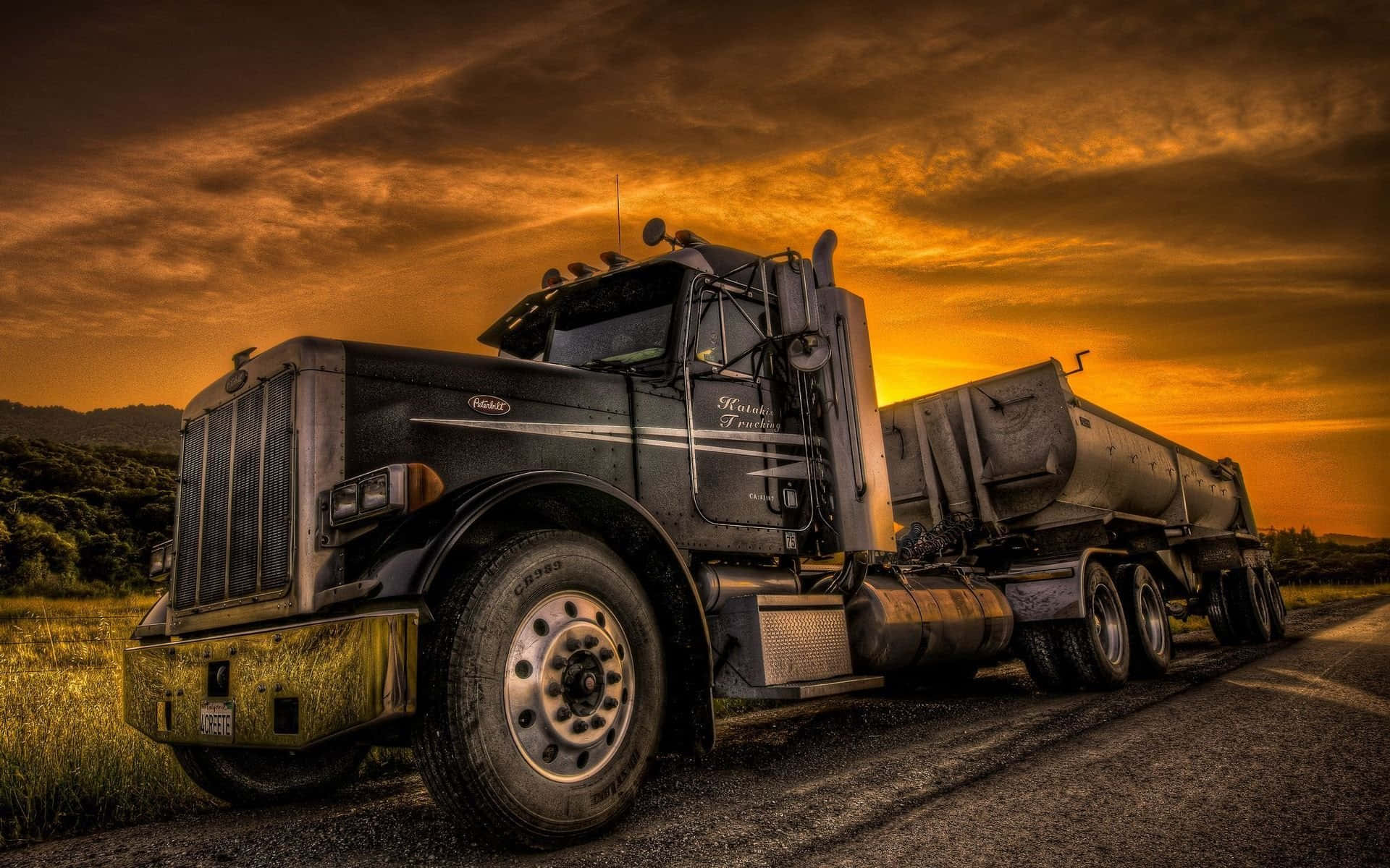 black truck, tanker truck, rural road, Full HD Desktop Wallpaper