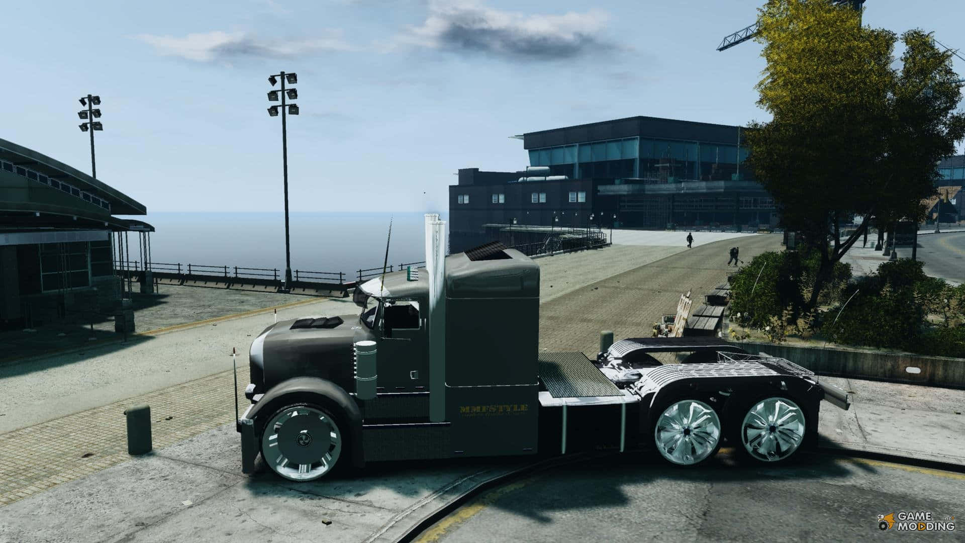 sleek black semi-truck, chrome wheels, seaside pier, Full HD Desktop Wallpaper