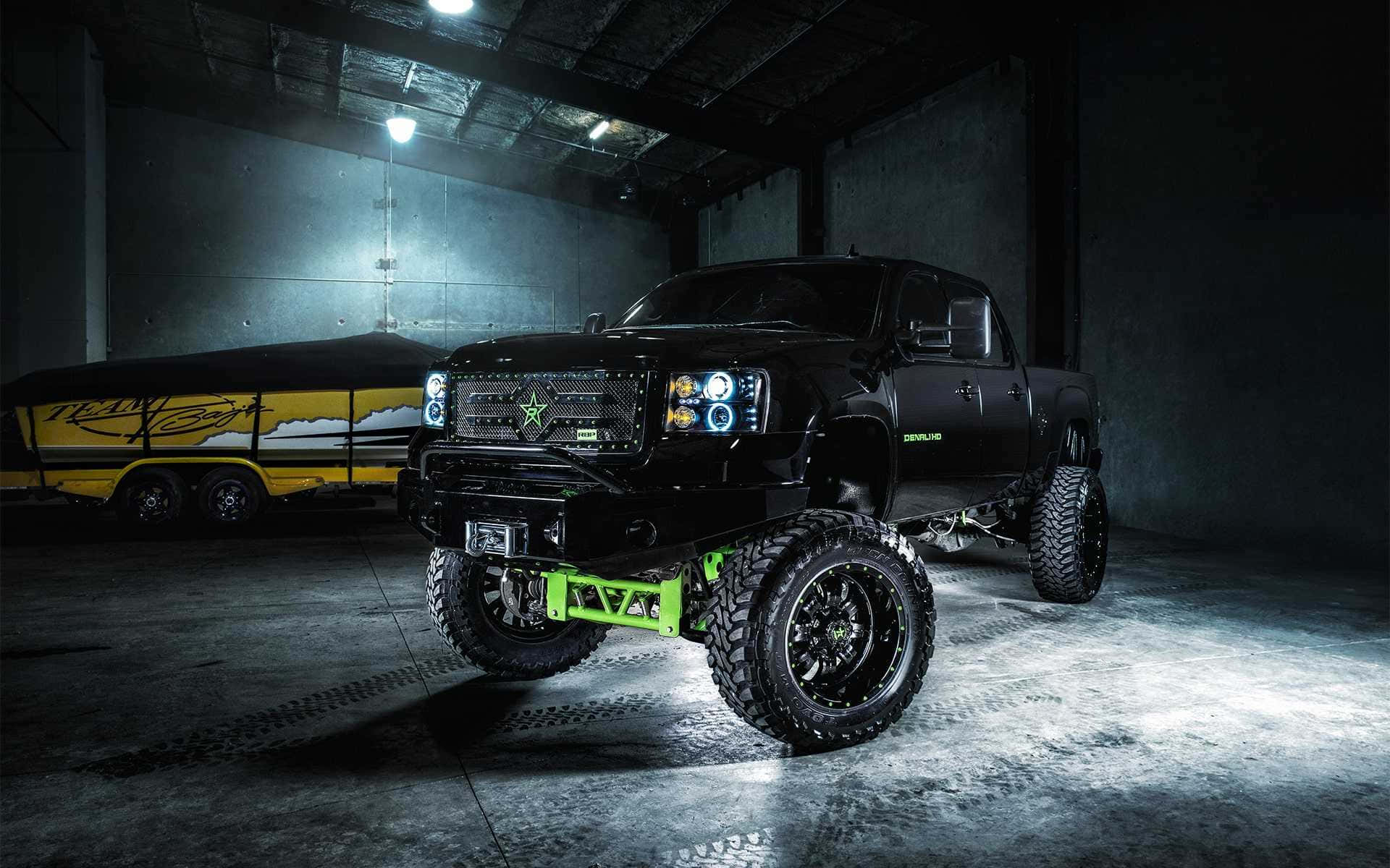 black truck, neon green accents, glowing headlights, Full HD Desktop Wallpaper