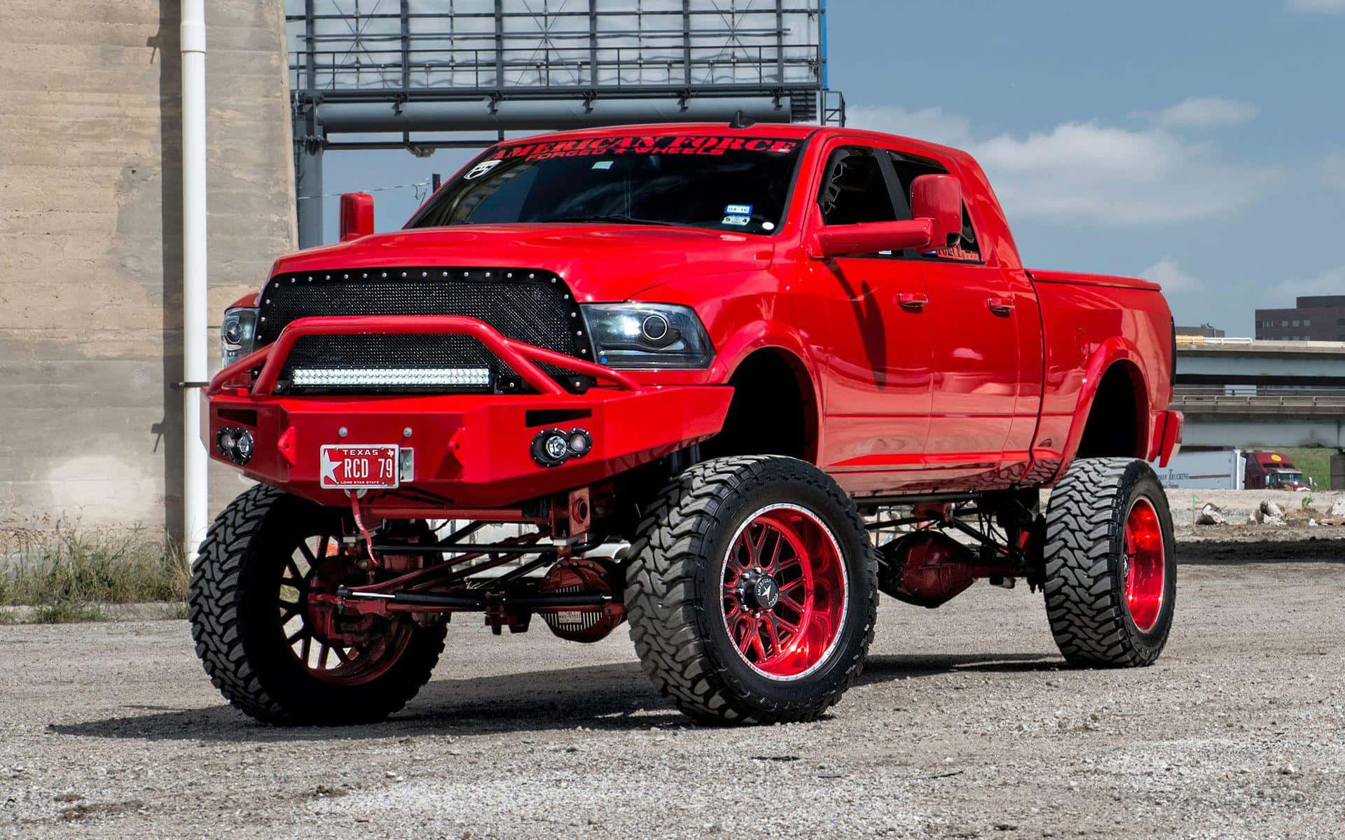 Jacked Up Trucks, red rims, glossy red lifted pickup truck, Full HD Desktop Wallpaper