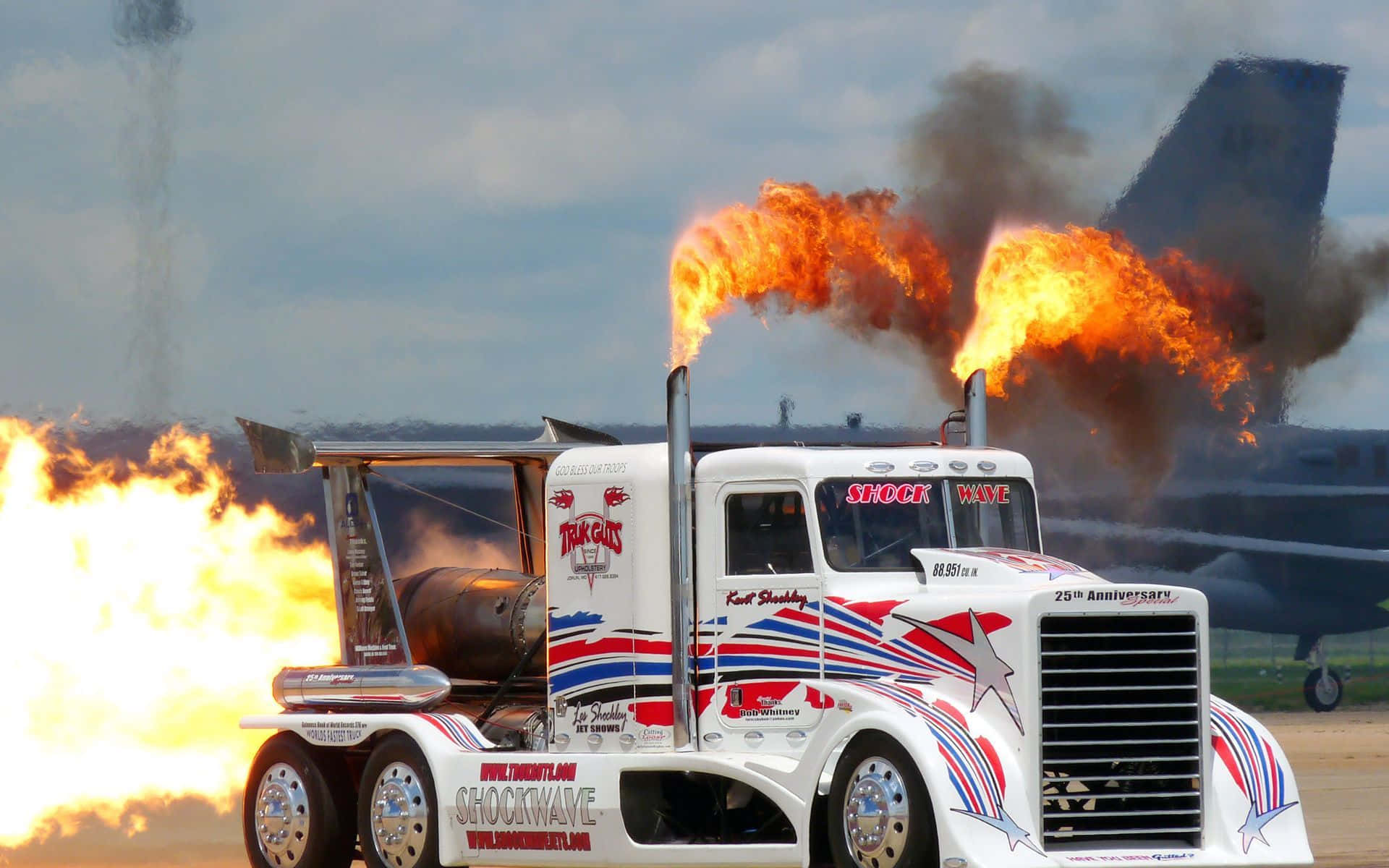 white truck, flame-throwing drag truck, red blue stars, Full HD Desktop Wallpaper