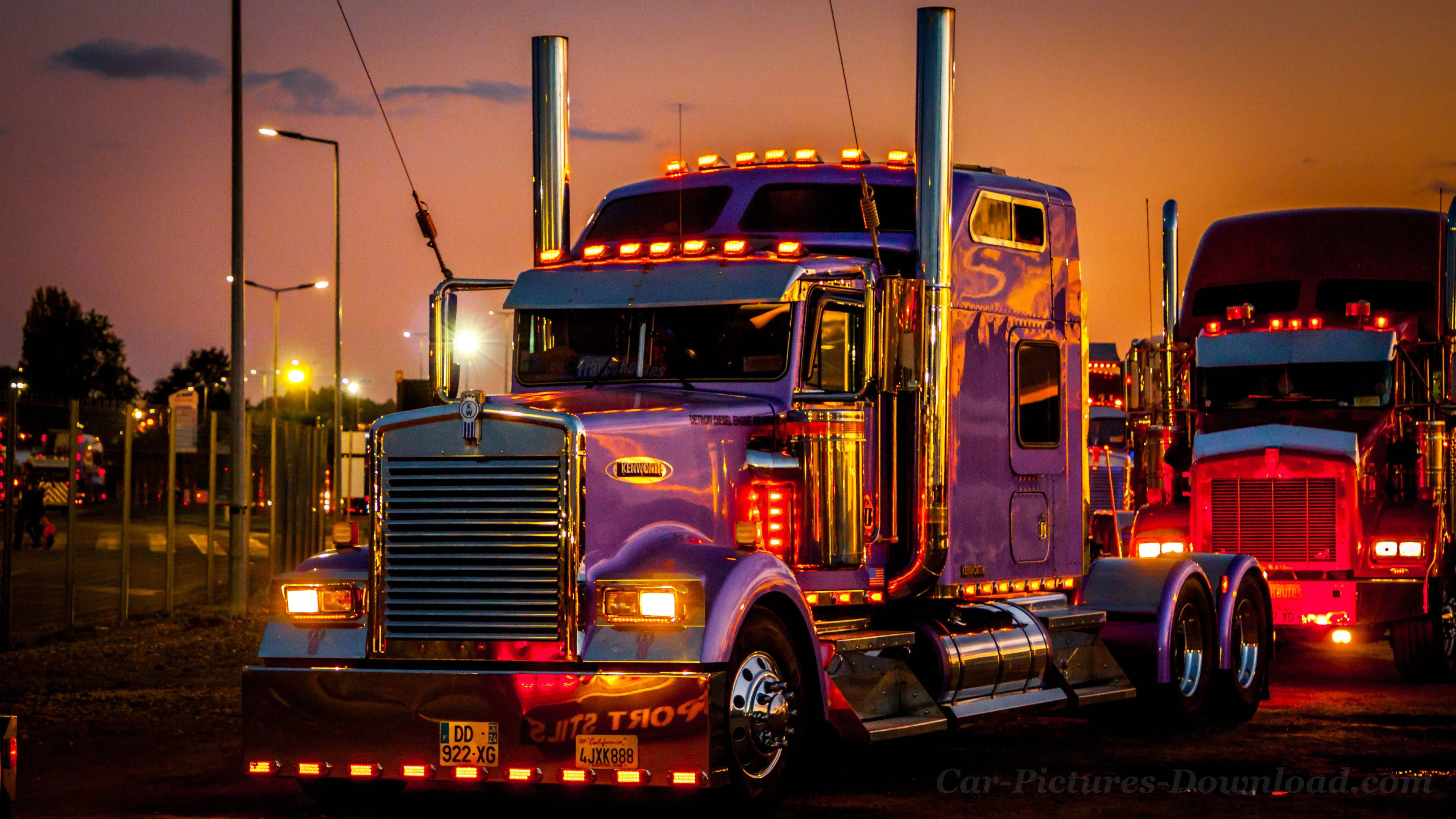 purple semi-truck, chrome accents, glowing amber lights, 4K Desktop Wallpaper