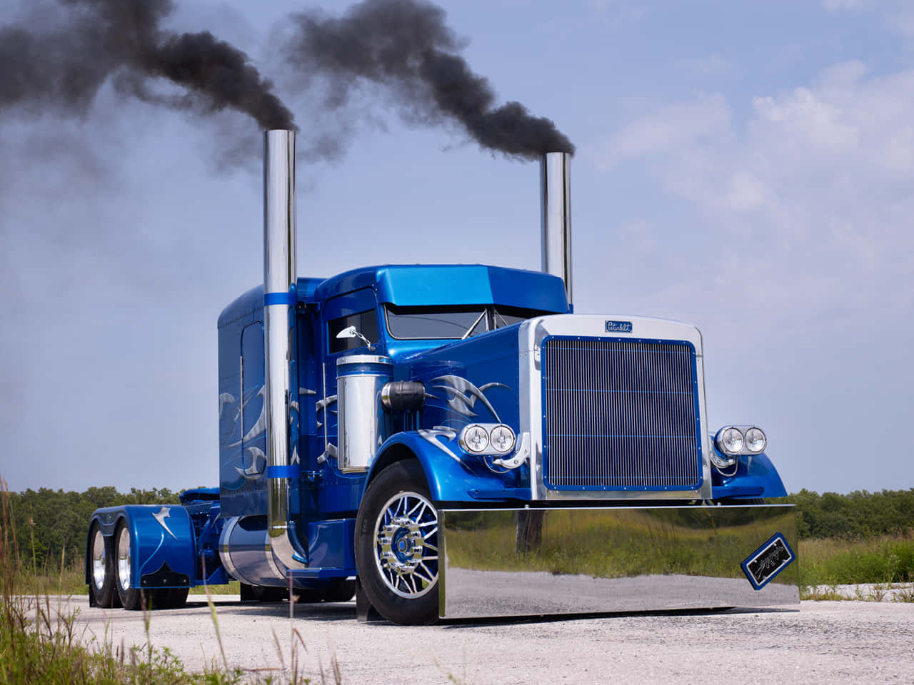 blue semi-truck, chrome accents, dual exhausts, HD Desktop Wallpaper