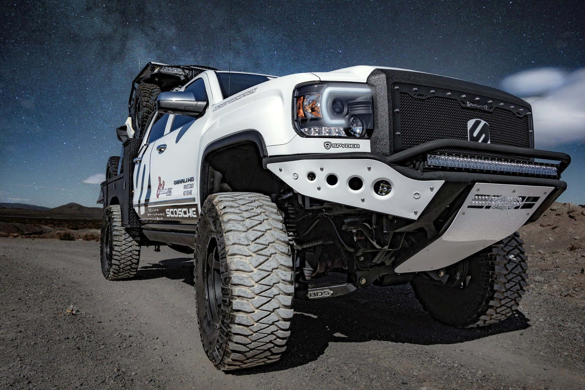 white off-road truck, oversized tires, LED lights, Full HD Desktop Wallpaper