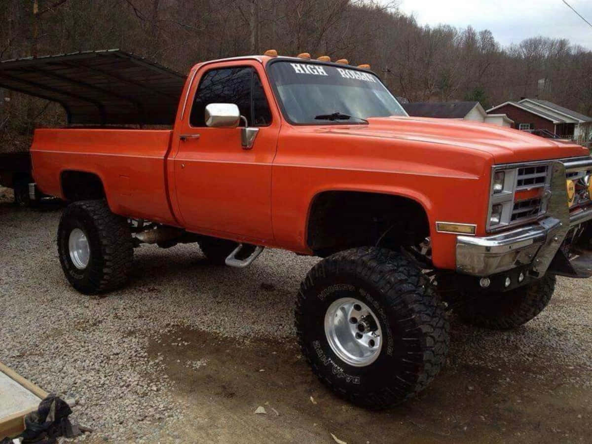 orange square body pickup truck, lifted orange classic pickup truck, large tires, SD Desktop Wallpaper